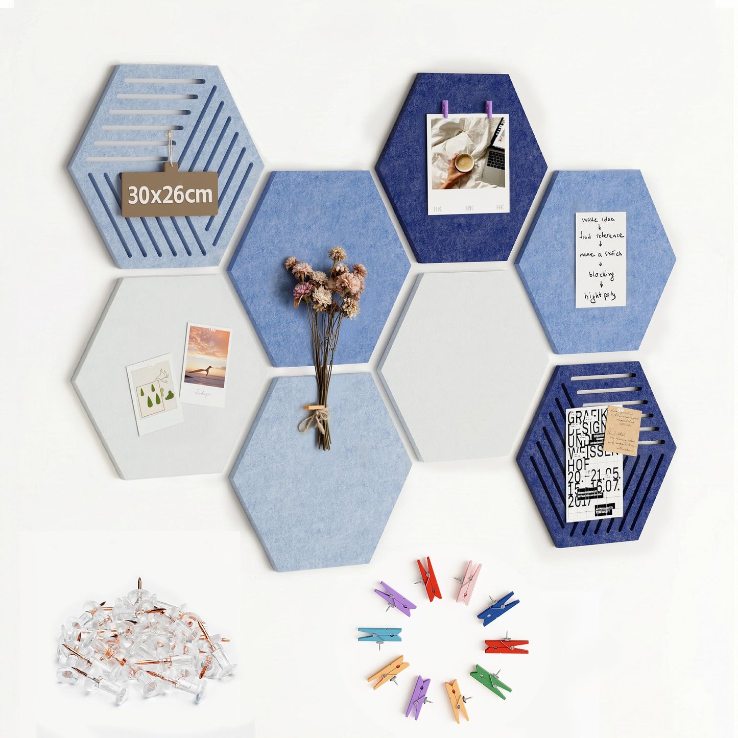 Hexagon Large Felt Bulletin Board Tiles - Cork Board Alternative for Wall 8 Pack Pin Board with 40 Push Pins, DIY Decor for Office Home Classroom Photos Memos