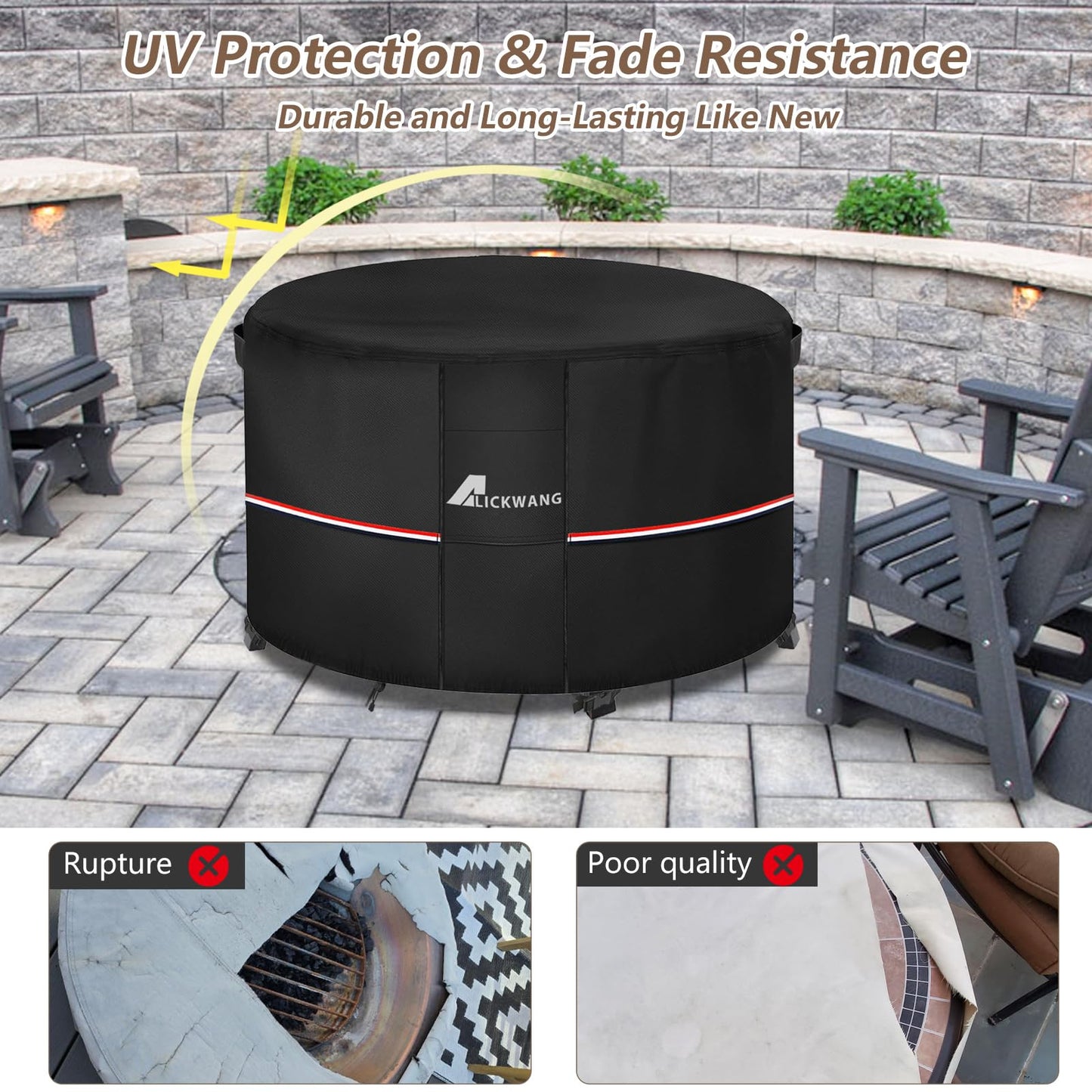 Alickwang Fire Pit Cover Round 36 Inch Waterproof,Outdoor Heavy Duty Durable 600D Tear-Resistant Fire Pit Table Cover,Patio Round Firepit Cover 36" D x 24" H, Black
