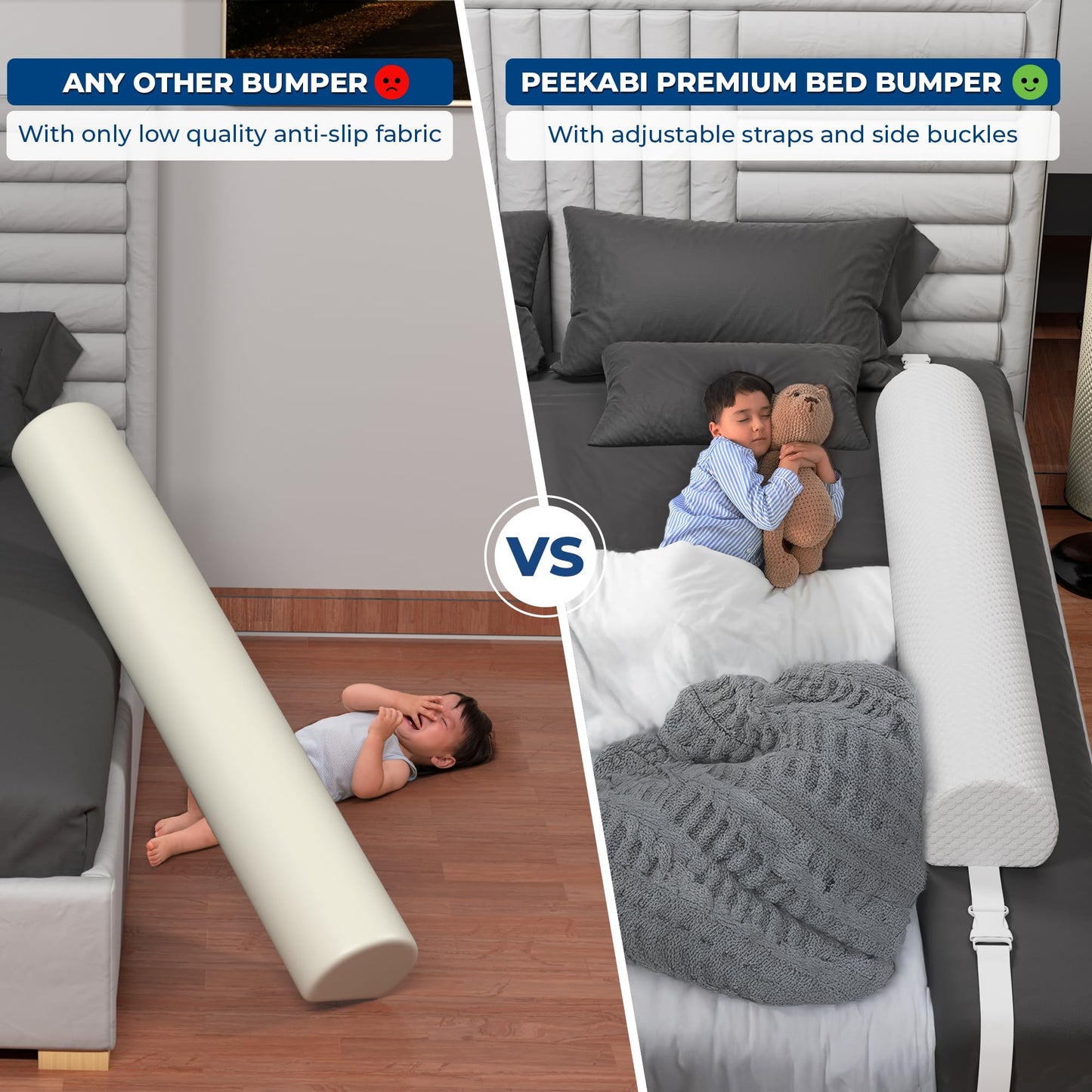 Peekabi Bed Bumper for Toddlers with Adjustable Straps | Portable Toddler Bed Rails | Travel Toddler Bed Bumper for Full Size Bed, Twin, Queen & King | Foam Bumpers for Toddlers