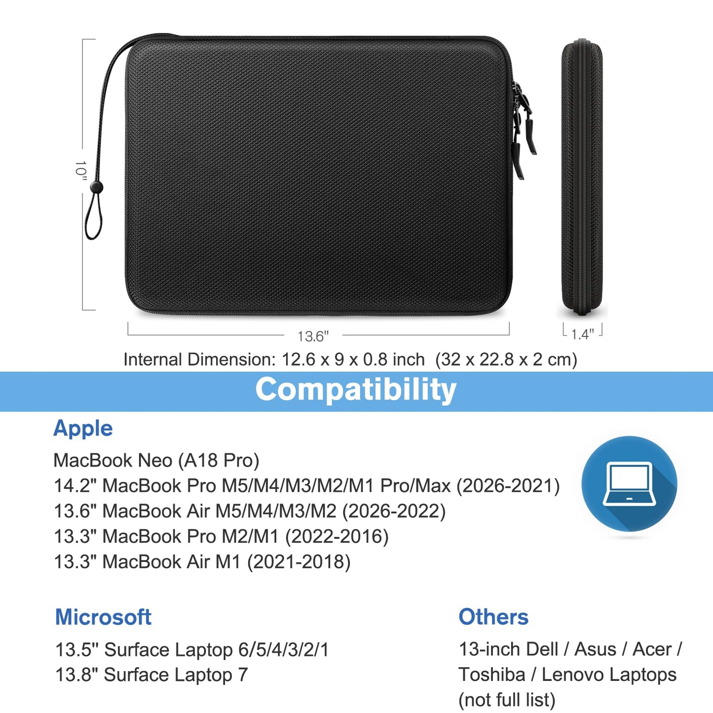 FINPAC Hard Laptop Sleeve Case for 13 inch MacBook Air 2026 M5/M4/M3/M2/M1, MacBook Neo A18 Pro,14 inch MacBook Pro 2026 M5/M4/M3/M2 Pro/Max, Waterproof Case for Dell, Surface Laptop, HP, Acer, Black