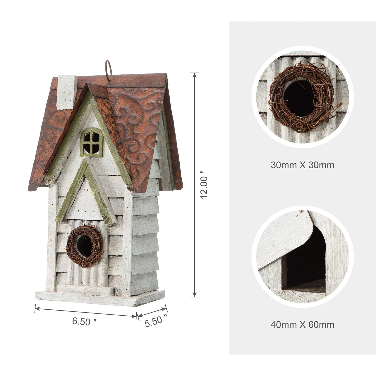 Glitzhome GH90086 Hanging Distressed Wooden Garden Cottage Birdhouse, White