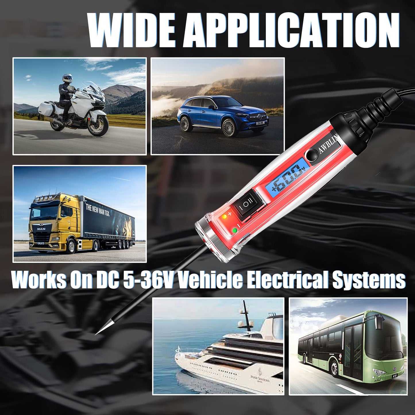 AWBLIN Power Circuit Probe Tester, LCD Digital Automotive Test Light with Voltage Display&Illumination, Auto Short Circuit, AC DC Voltage Tester, Electrical System Tool,Relay Fuse Continuity Test.