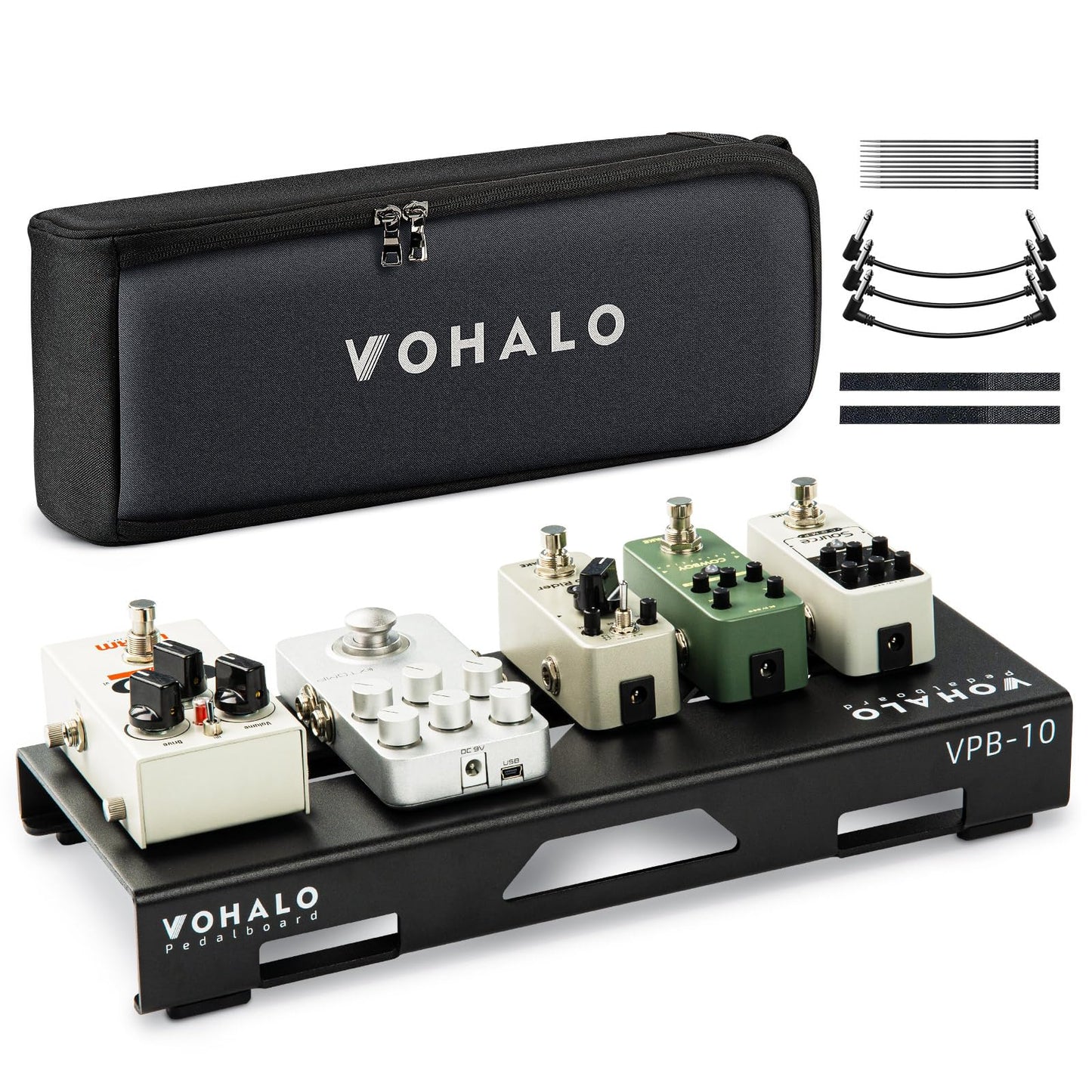 VOHALO Guitar Pedal Board 14.10" x 5.50" x1.20" Aluminum Alloy Guitar Pedalboard with Carry Bag, Pedals Mountain Tape, Cable Tie and Patch Cables