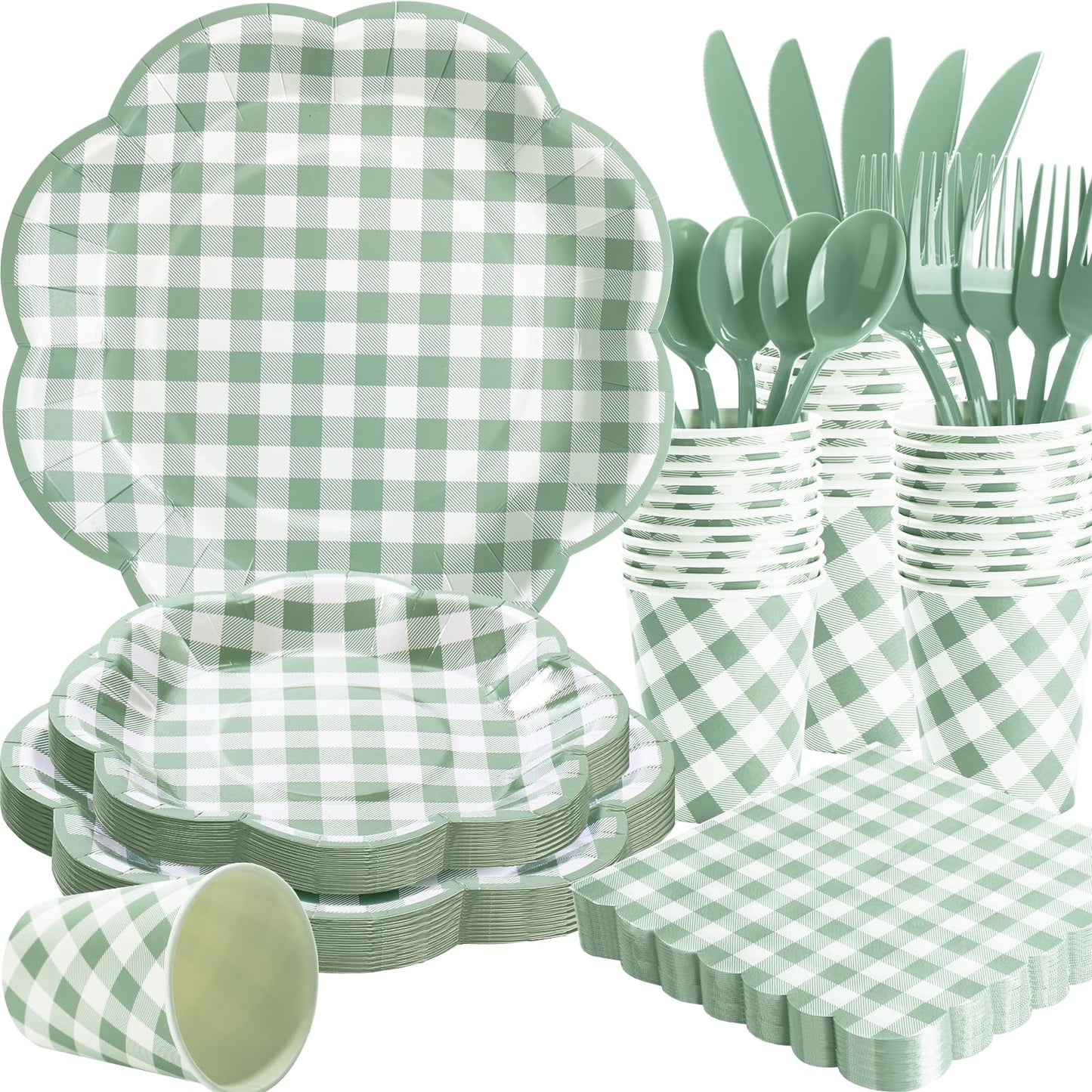 175 Pcs Sage Green Gingham Paper Plates and Napkins Party Supplies - Sage Green and White Checkered Plates Scalloped Plaid Plate for Birthday Dinner Picnic BBQ Party Decorations, Serve 25 Guests