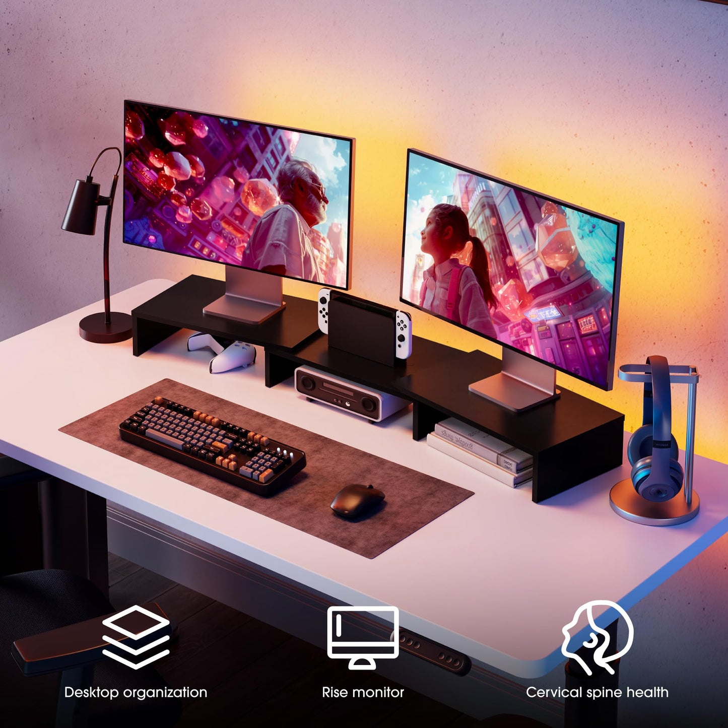 FITUEYES Dual Monitor Stand - 3 Shelf Computer Monitor Riser, Wood Desktop Stand with Adjustable Length and Angle, Desk Accessories, Office Supplies Medium Black,DT108001WB