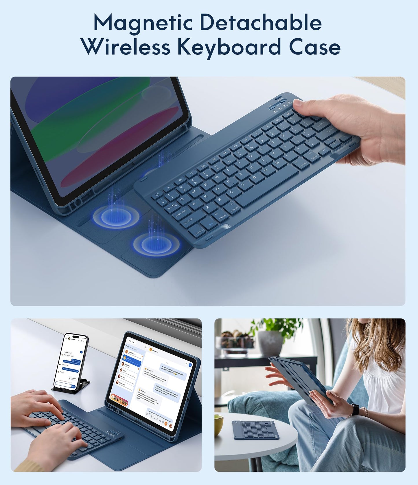 CHESONA Keyboard Case for iPad (A16) 11th/10th Generation 10.9-inch (2025/2022), Detachable Wireless Keyboard, Stand Folio Keyboard Cover with Pencil Holder, Thin & Light (Steel Blue)