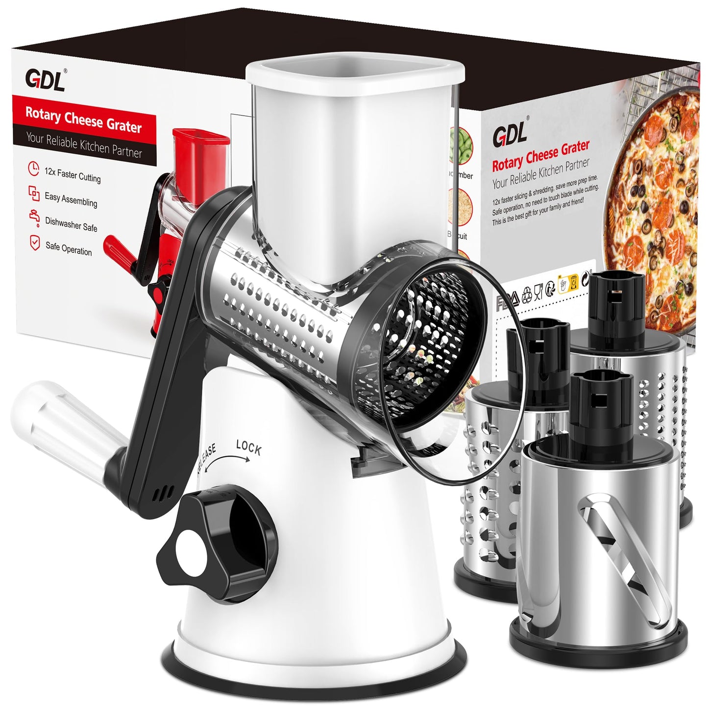 Cheese Grater Rotary, Rotary Cheese Shredder for Kitchen, Kitchen Grater Vegetable Slicer with 3 Drum Blades, Fast Cutting Cheese Shredder for Vegetables and Nuts