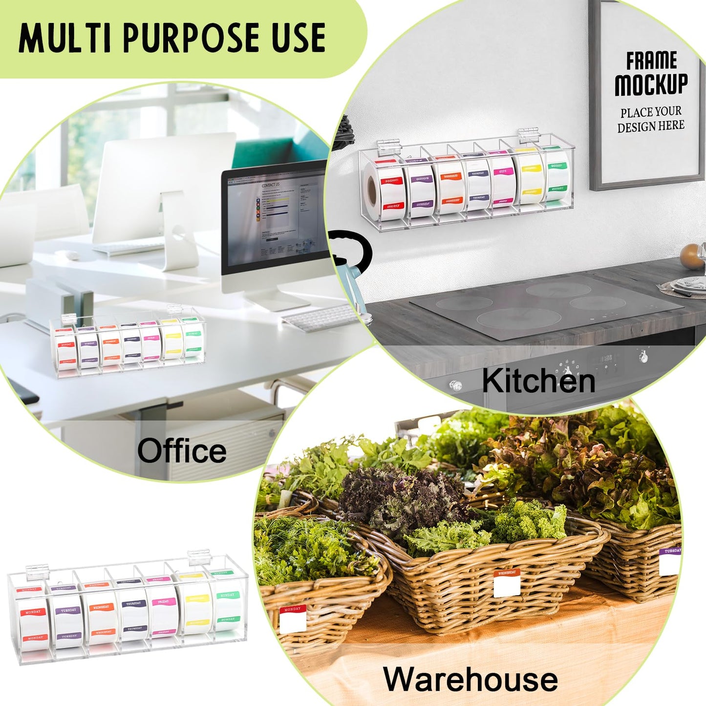 3500 Day of The Week Stickers with Wall Mounted Stickers Organizer Box Square Day Dots Food Labels Removable Food Rotation Labels 7 Slot Label Sticker Roll Holder for Kitchen Office