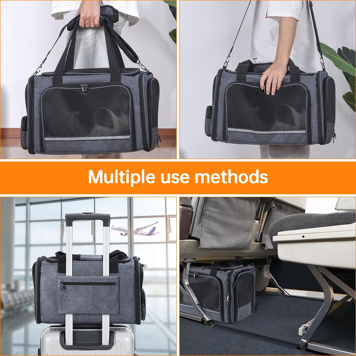 Cat Carrier Pet Travel Carrier by Airplane Approved Under seat, TSA Airline Approved Soft-Sided Carrier Bag for cat,Dogs,17.5 x 8.5 x 11 inches,Grey