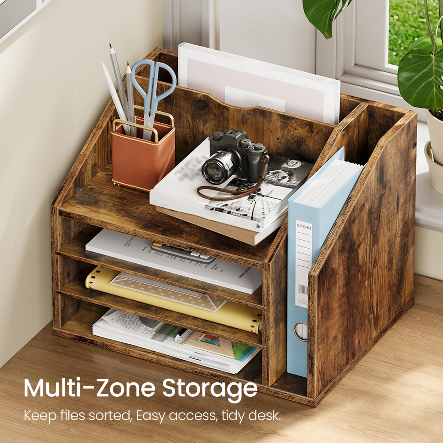 CHOEZON Wooden Desk Organizer with Adjustable Partitions, Multi-Layer Desktop File Holder for Home Office, Paper & Stationery Storage Organizer, Rustic Brown MWJ04FG