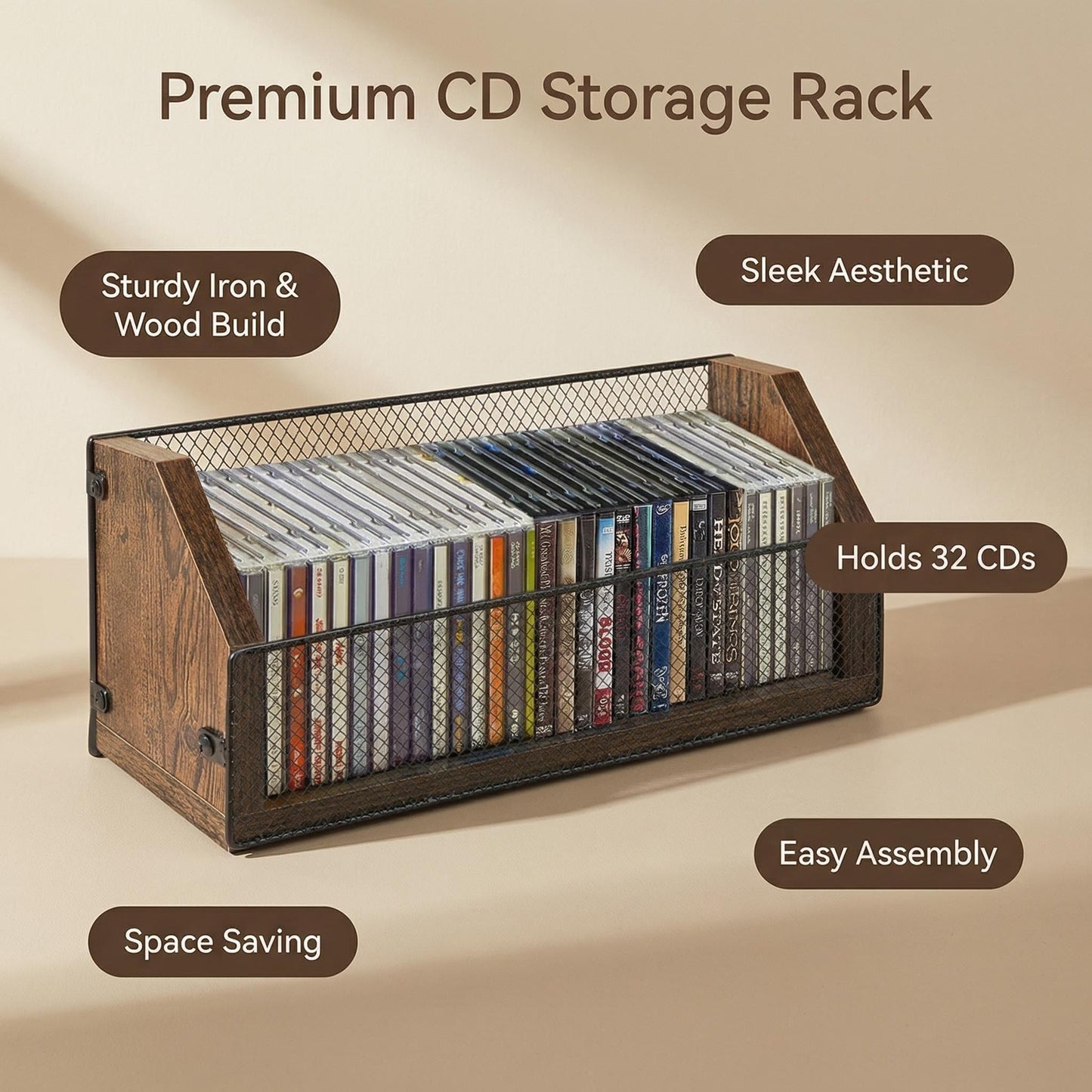 PUTNATRUE CD Storage Holder Wooden Organizer for up to 32 CDs Retro CD Case Rack