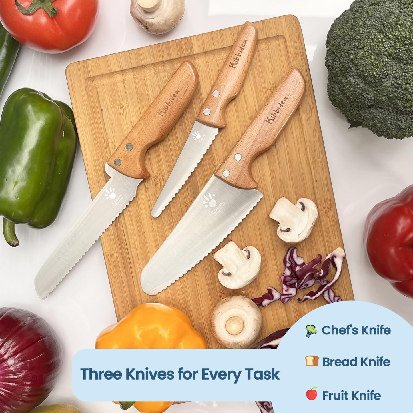 KIBBIDEA Kids Safe Knife Set for Real Cooking 4pcs, Rounded Design Won't Cut Skin, Stainless Steel Toddler Friendly Knife Set, Child Kitchen Knives for Cutting Fruits, Vegetable and Cake, Gift for Boys & Girls