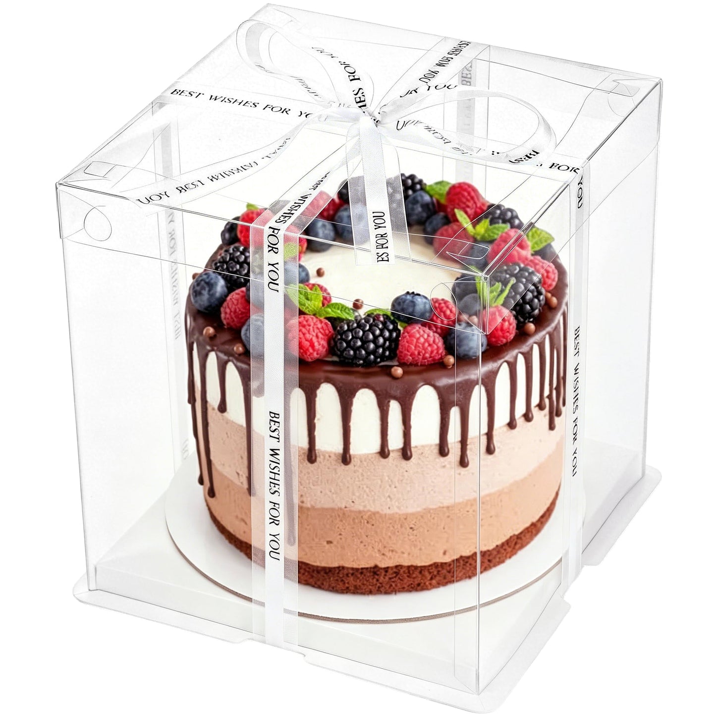 Cididu 6 Pcs Clear Cake Box with Ribbon, 2-Layer Tall Cake Packaging Boxes 8x8x9 Inch, PET Cake Carrier Transport Container for Tiered Cakes, Transparent Gift Display Boxes with Lid for Birthday Party