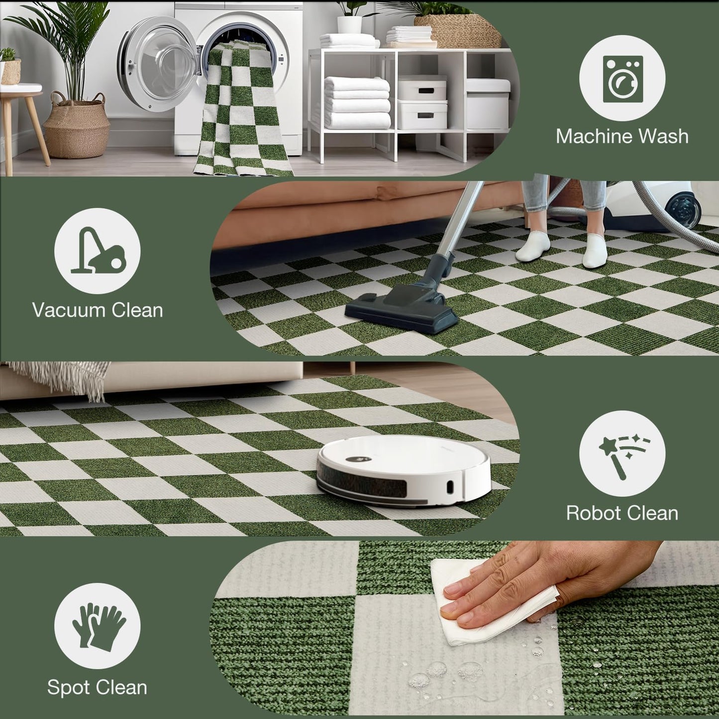 Area Rugs 5x7 for Living Room, Washable Low-Pile Checkered Boho Large Rug for Bedrooms, Non-Slip Soft Flat Print Plaid Carpet for Classroom, ‎Dining Room, Office, Kids Playroom(Green and White)