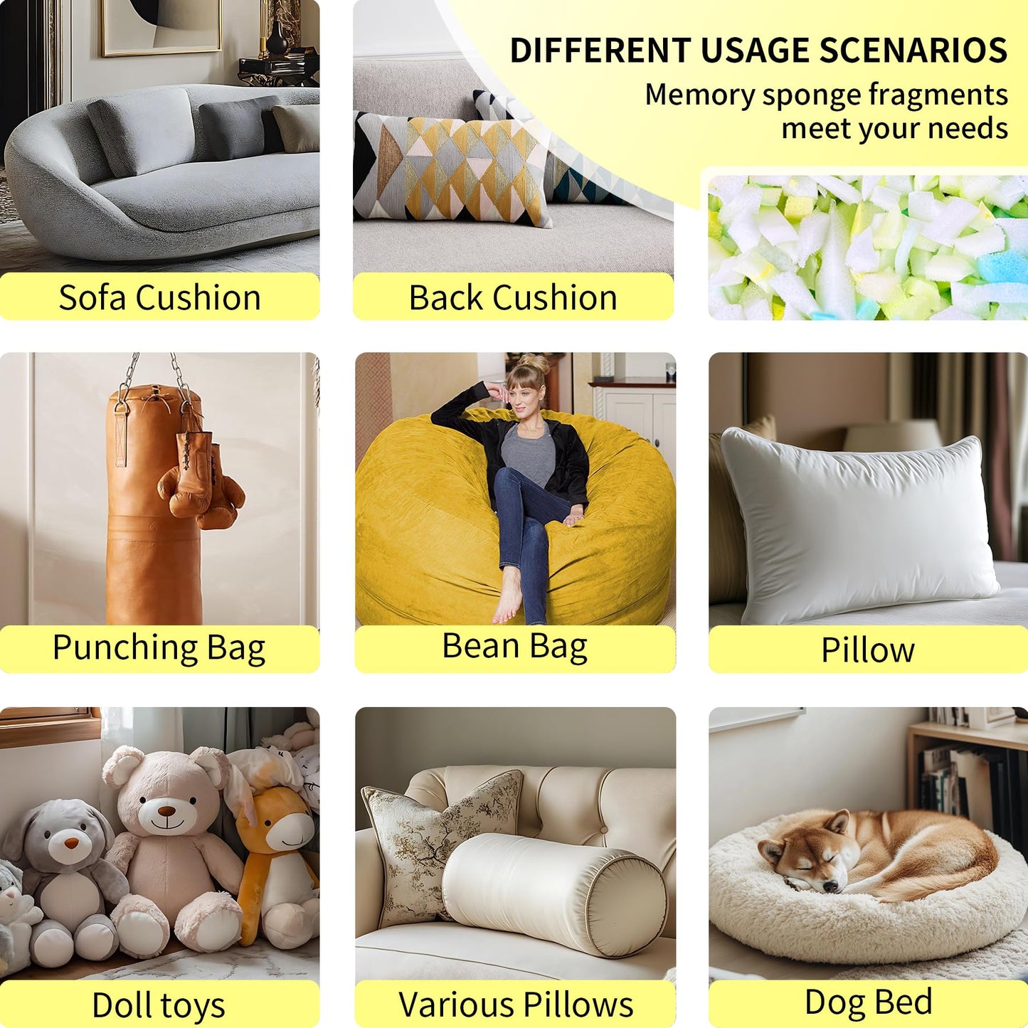 Jecqbor 10lbs Shredded Memory Foam Bean Bag Filler - Ultra-Soft Pillow Stuffing for Couches, Cushions, Stuffed Animals, Dog Beds, and DIY Arts & Crafts Projects