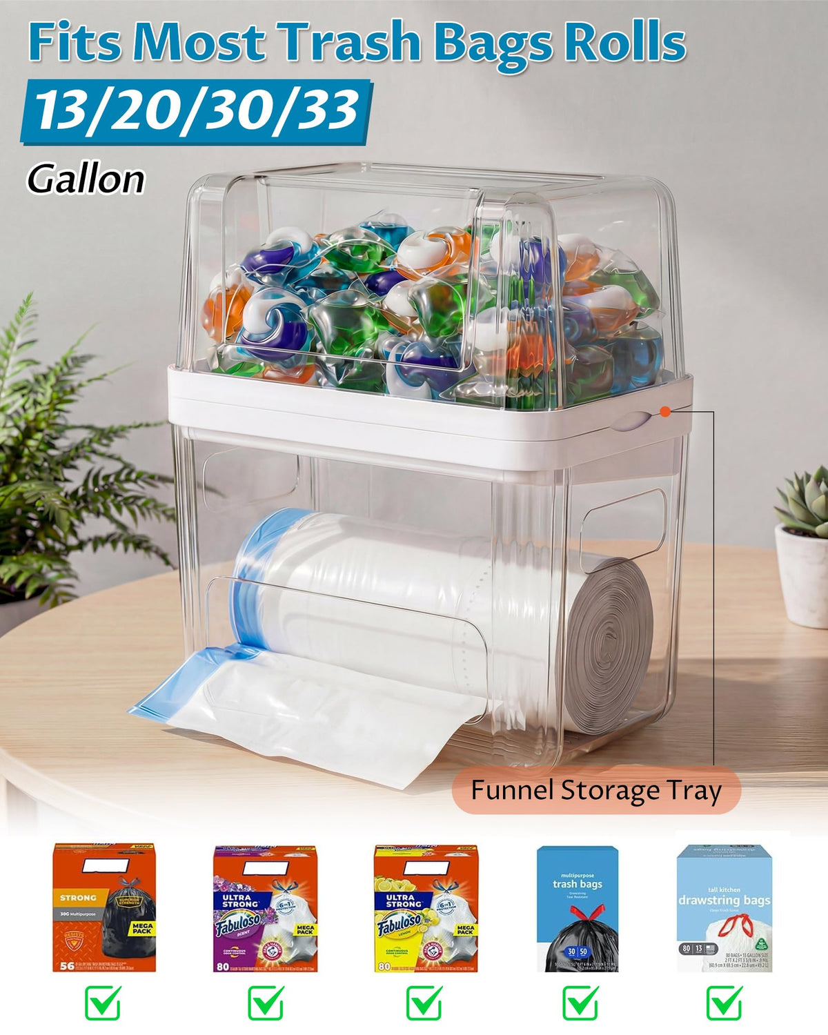 Onemake 3-in-1 Acrylic Trash Bag Dispenser & Laundry Pods Container Organizer, Extra Large Garbage Bag Holder for Kitchen Laundry Room Under Sink Pantry Organization and Storage (Clear, XL)