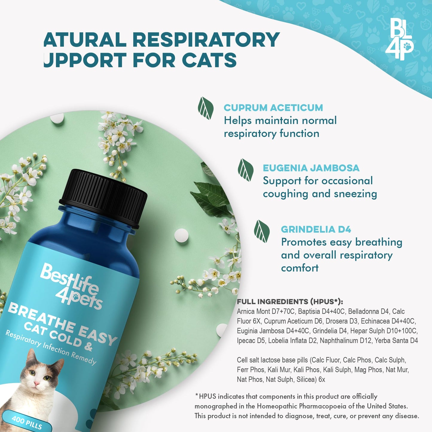 Cat Cold & Respiratory Infection Remedy, Breathe Easy Upper Respiratory Treatment for Cats Provides Natural Relief for Sneezing, Coughing, Nasal Congestion and Asthma, 400 Odorless, Tasteless Pills
