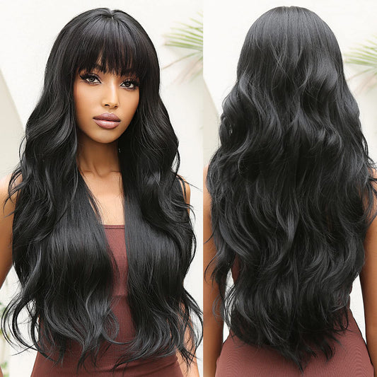 Black Wavy with Bangs Wigs for Women Long Curly Black Wig with Bangs Synthetic Wig