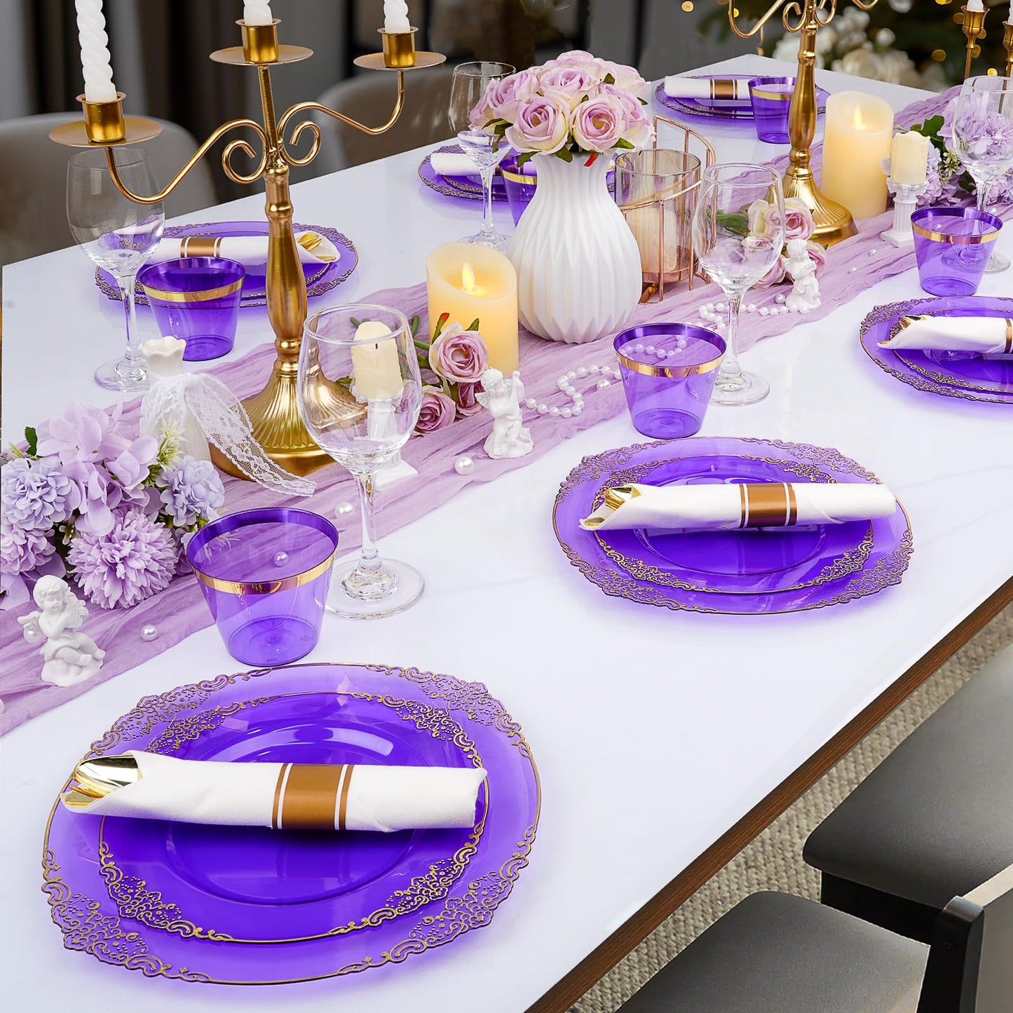 Bestluck 350 PCS Purple and Gold Plastic Plates, Disposable Dinnerware Set for 50 Guests, 100 Disposable Plates, 150 Silverwares, 50 Cups, 50 Napkins for Wedding, Party