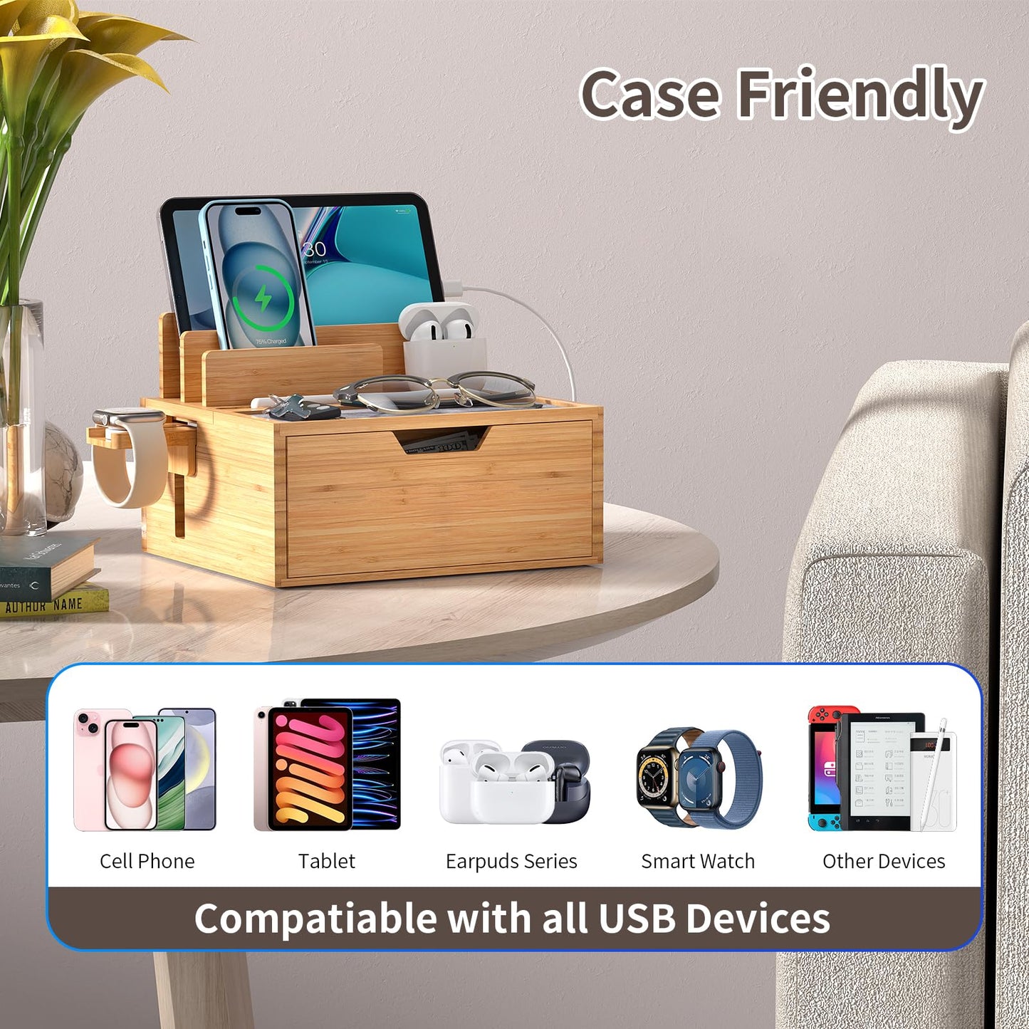 Pezin & Hulin Bamboo Charging Station with Lined Tray & Drawer, Desktop Dock Organizer with USB Wall Charger, Compatible with Tablet, Cell Phone, Earbuds, Smartwatch, and More