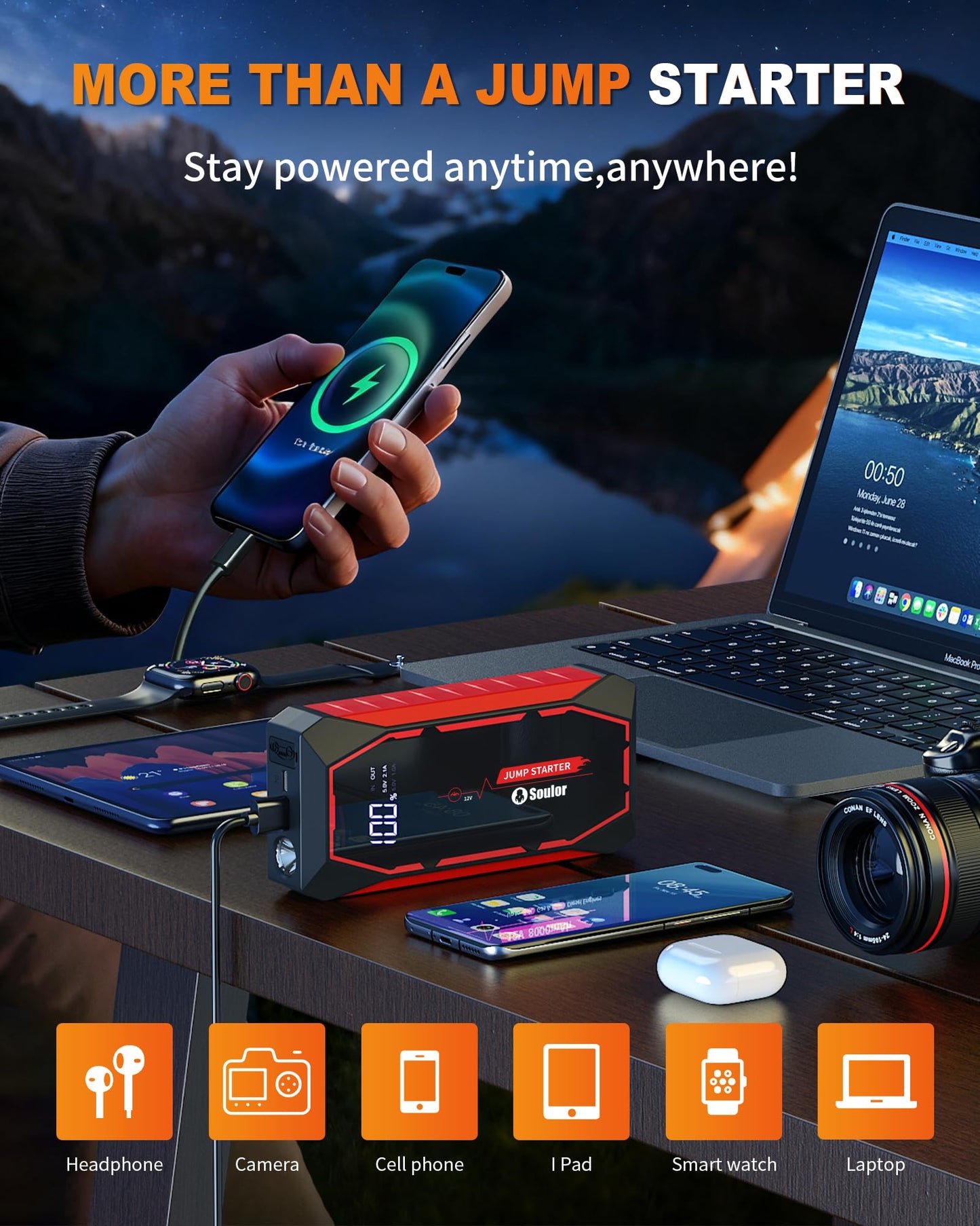 Car Battery Booster Jump Starter,5000A Portable Jump Starter for Up to 8L Gas & 6L Diesel Engines,12V Car Battery Charger Booster Pack with Jumper Cables LED Light