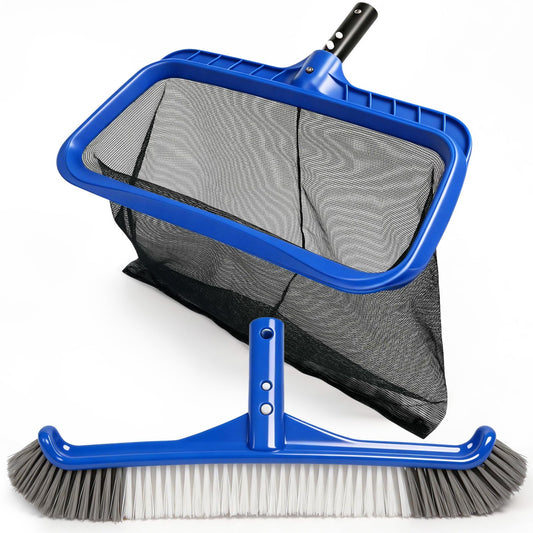 2 in 1 Cleaning Kit – 43cm Pool Skimmer Net with Deep Bag & 41cm Pool Brush Head for Cleaning, Heavy Duty Leaf Rake Skimmer Net for Removing Leaves & Debris, Fits Standard Pool Pole