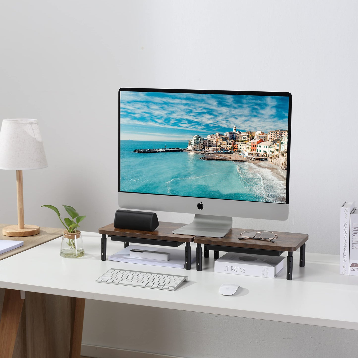 ETHU Monitor Stand for Desk, 3 Height Adjustable Computer Monitor Riser with Storage Drawer for Desk, Wood Computer Monitor Stand for Office and Home, Ergonomic Desk Stand for Computer, Printer, Laptop, PC and iMac 2 Pack(Black)