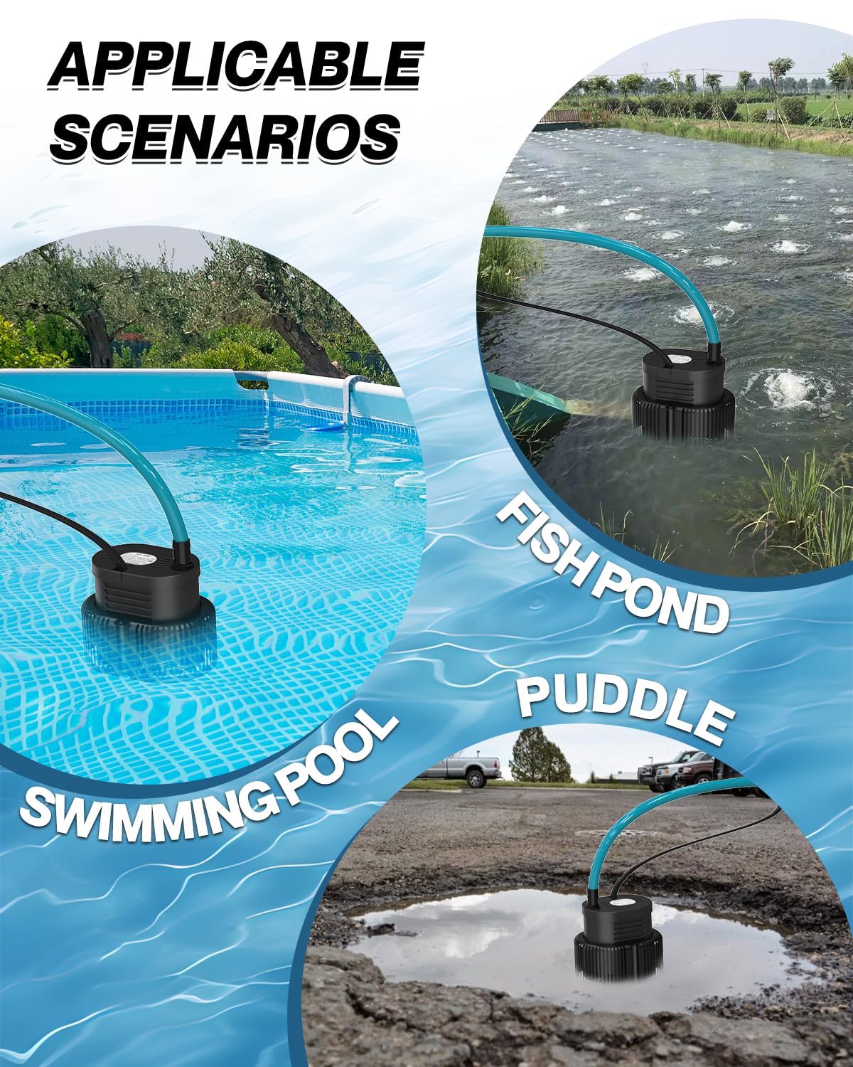 Pool Cover Pump Above Ground - Submersible Sump Pump, Swimming Water Removal Pumps, with Drainage Hose & 25 Feet Extra Long Power Cord, 850 GPH inGround, 3 Adapters Black