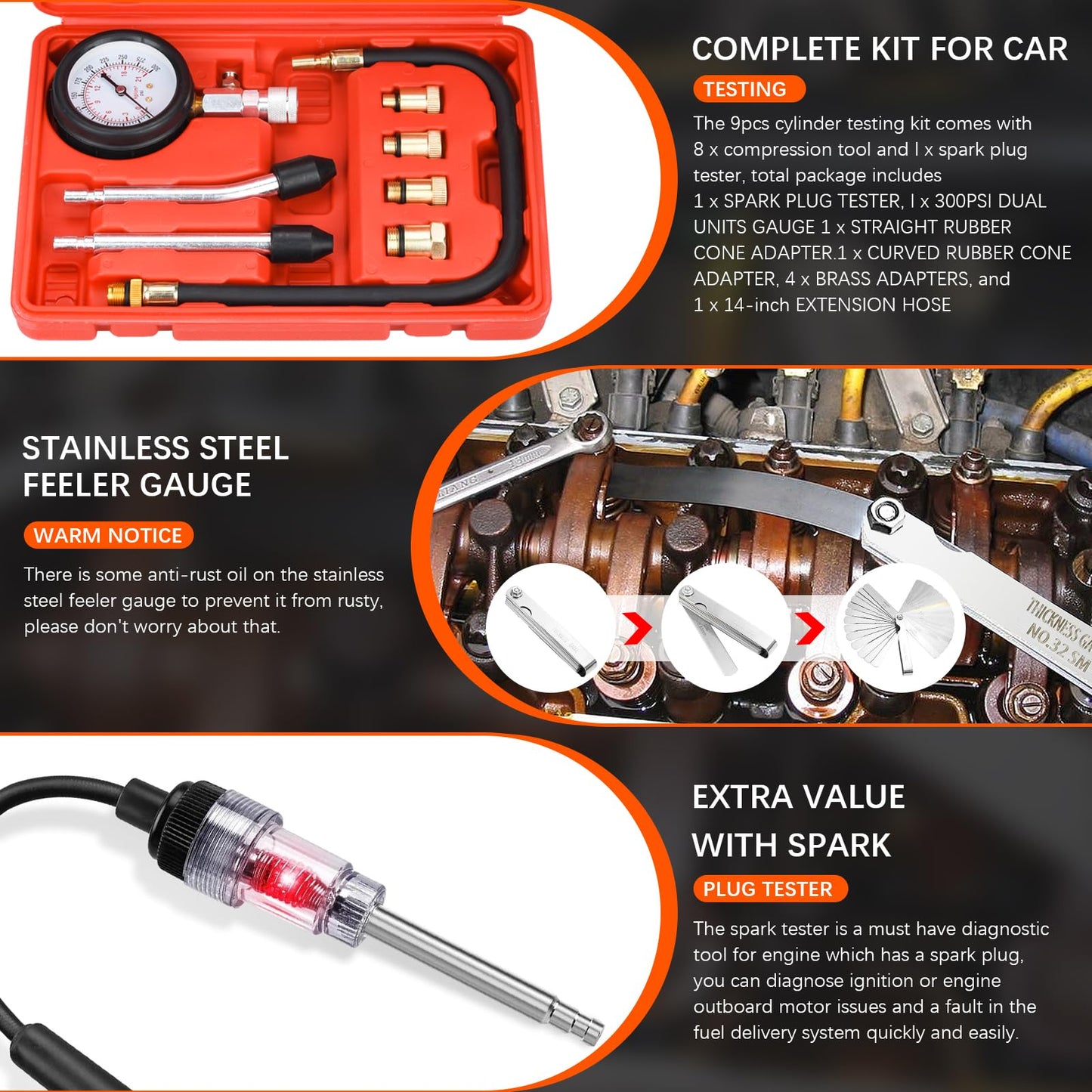 BEAUGIREW 10 Pieces Automotive Compression Tester kit with Spark Plug Tester and Metric Imperial Feeler Gauge for Car Motorcycle Truck with M10 M12 M14 M18 Adapters ﻿