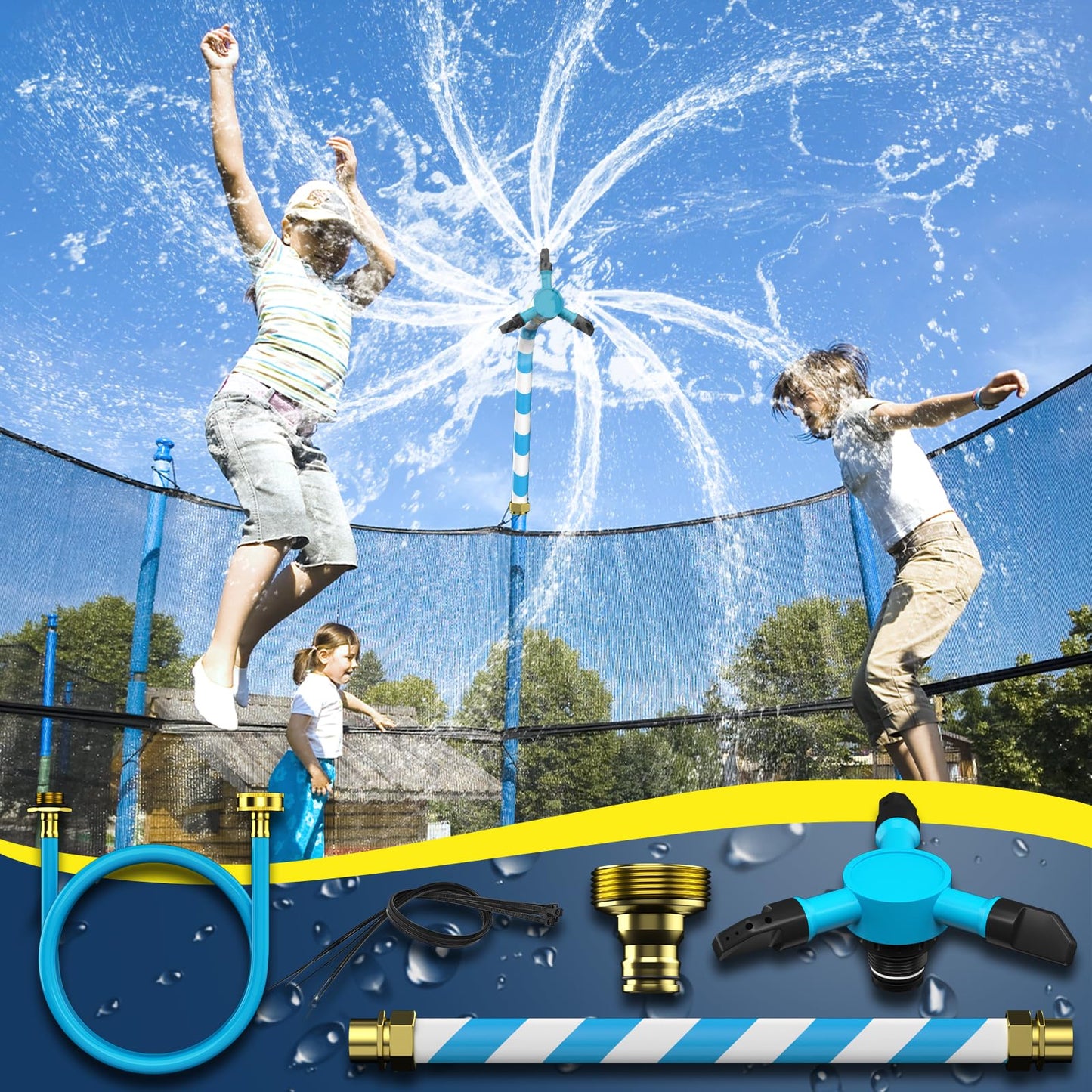 HaiSun Universal Trampoline Sprinkler, Net Friendly Trampoline Accessories, 360°Automatic Rotating Water Sprinkler of Trampolines, Outdoor Backyard Water Park Fun Summer Toys for Kids