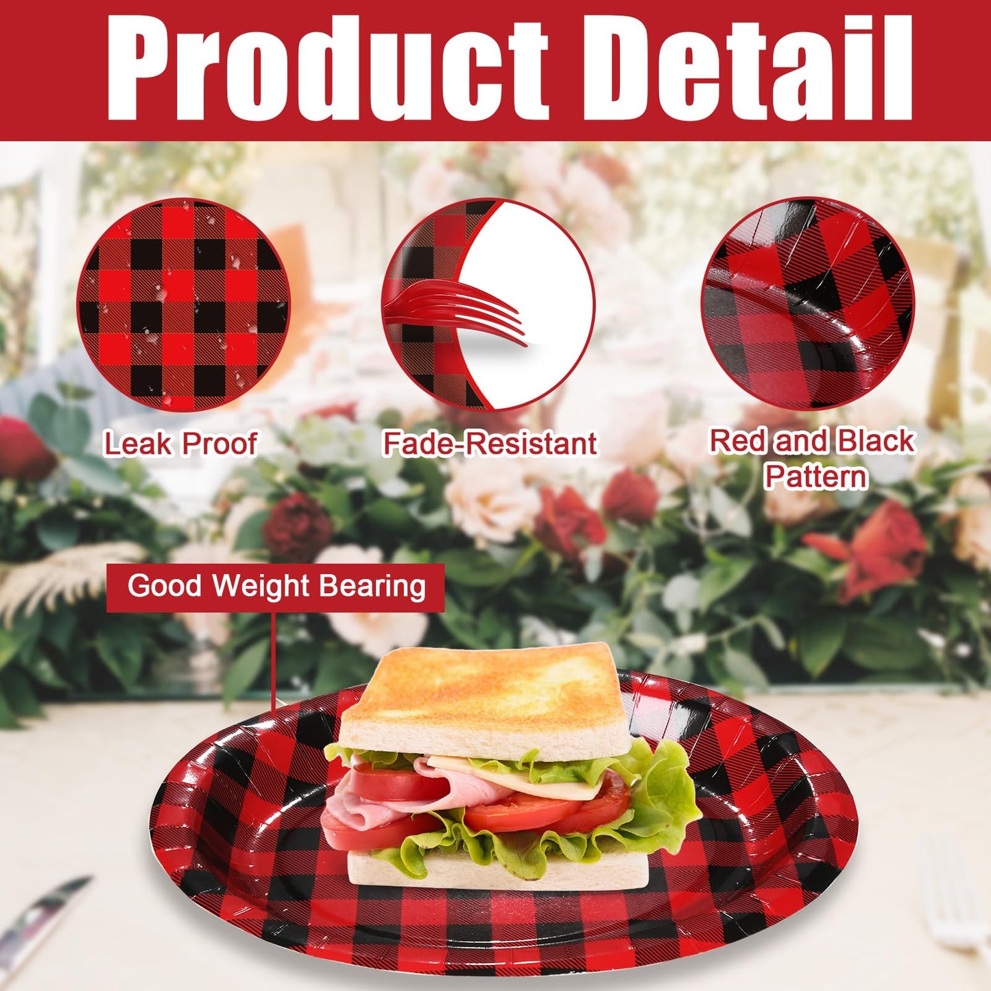 EggSun Red and Black Gingham Christmas Oval Paper Plates 10’’x 12’’, Large Disposable Heavy Duty red and black Gingham Plaid Paper Plates for Birthday Wedding Baby Shower Tea Party Supplies, 50 Guest