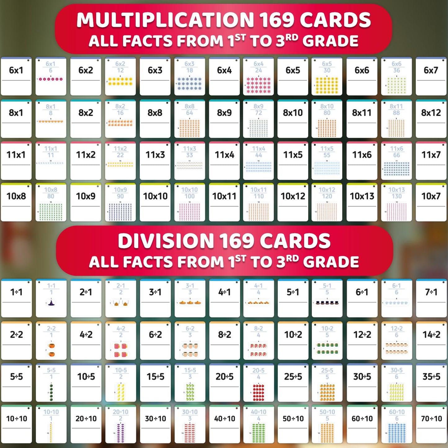 QUOKKA Division and Multiplication Flash Cards for Kids Ages 5-6 - 338 Math Flash Cards with Sorting Rings and Visual Aids - Home and Classroom Educational Flashcards - Studying Math 1st to 3rd Grade