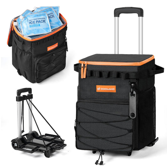 Odoland 48-Can Large Camping Cooler with Wheels, Leakproof Insulated Soft Cooler Bag with Stable All-Terrain Cart and Handle Collapsible for Camping Cooler Beach Travel Picnic