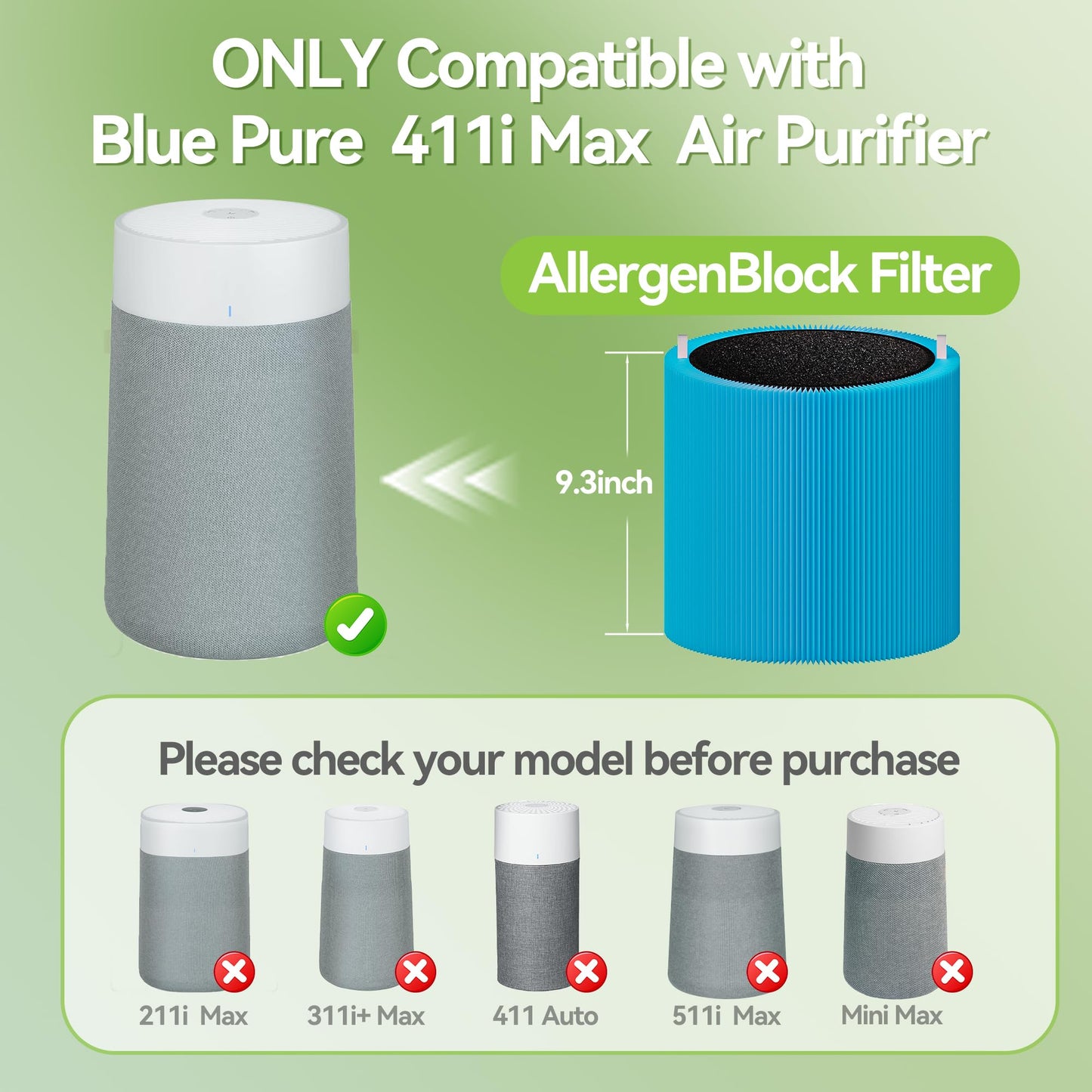 Blue Pure 411i Max AllergenBlock Replacement Filter Compatible with Blue Pure 411i Max Air Purifier, 2-in-1 H13 True HEPA and Activated Carbon Filter