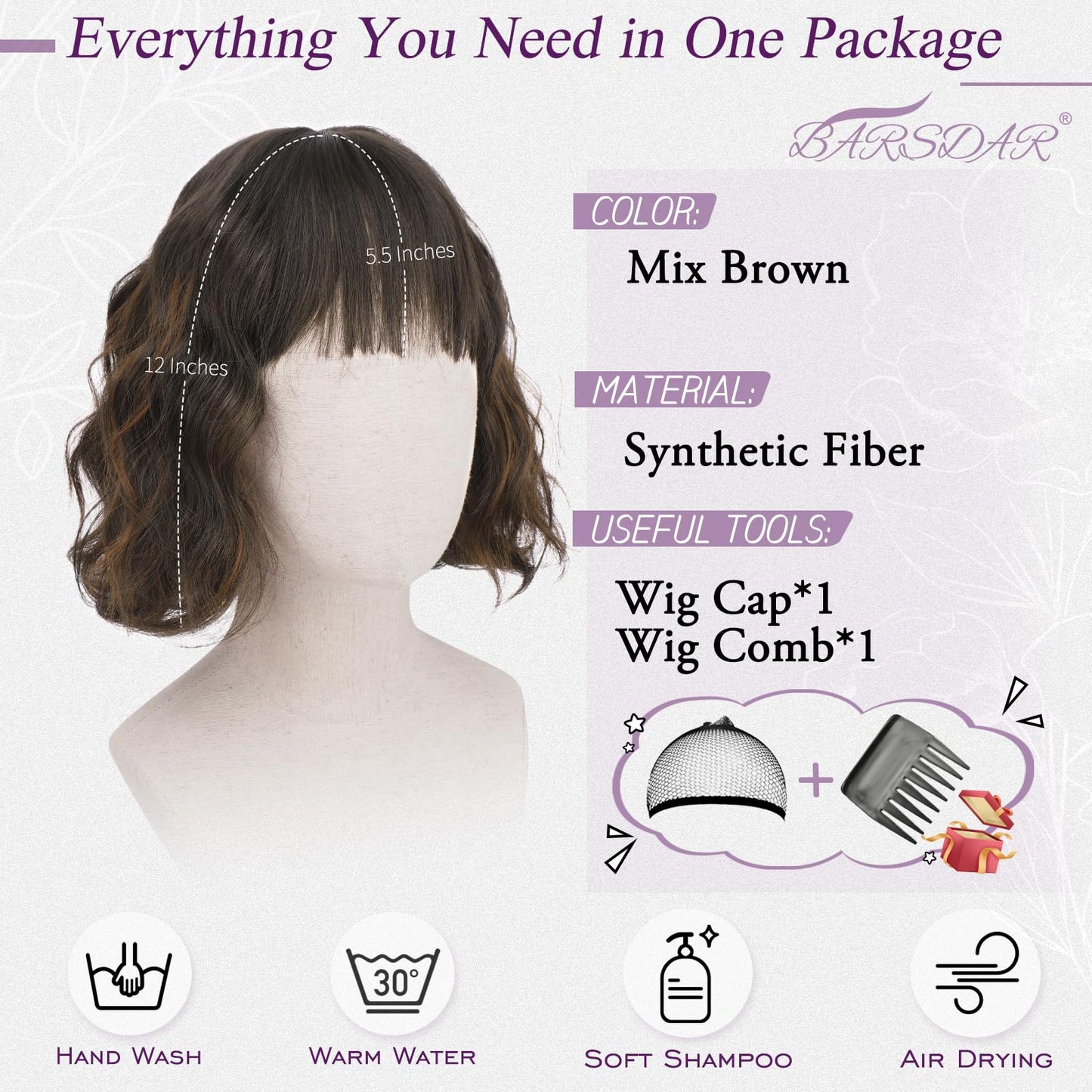 BARSDAR Short Wavy Mix Brown Wig with Bangs - Short Mix Brown Bob Wigs for Women - Curly Wavy Textured French Bob Wig with Bangs Soft Synthetic Natural Looking Face-Framing Daily Party
