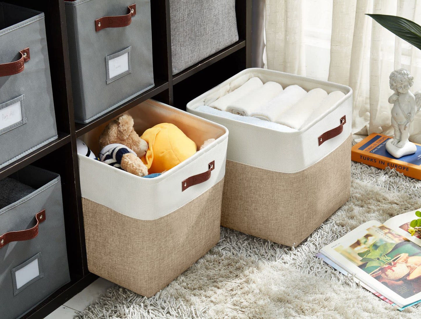 DECOMOMO Cube Storage Bin, Storage Baskets for Shelves, 12x12 inches Collapsible Fabric Storage Cubes (Beige & White, 4pcs)