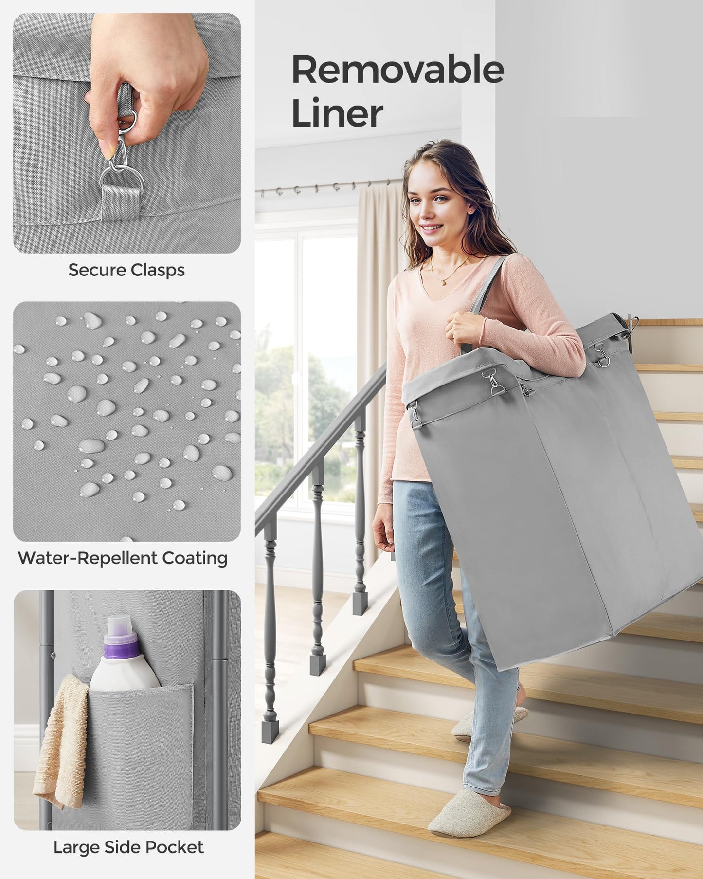 SONGMICS Laundry Basket with Wheels, 2-Section Rolling Laundry Hamper, 37 Gallons (140 L), Removable Liner, Steel Frame with Handle, 69 x 39 x 81 cm, Dove Gray URLS004G01