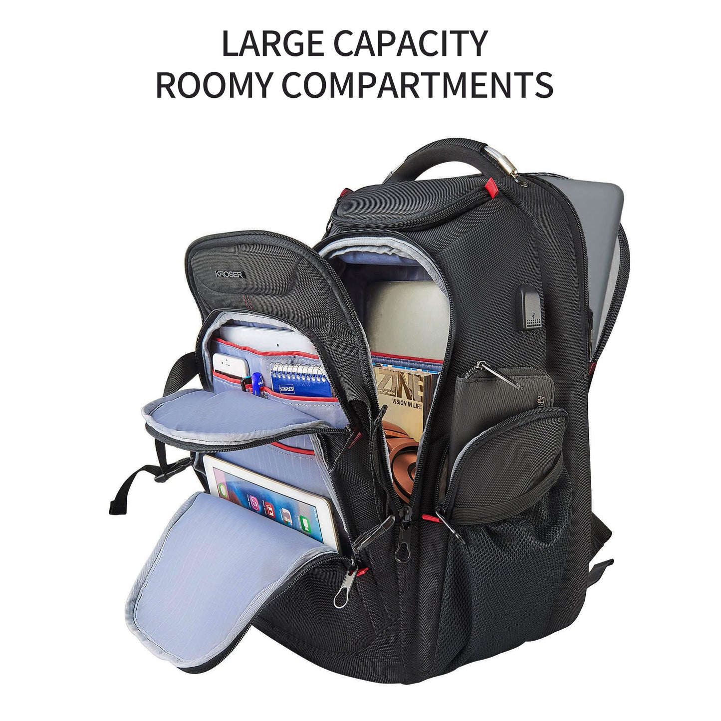 KROSER Travel Laptop Backpack 17.3 Inch XL Heavy Duty Computer Backpack with Hard Shell Saferoom RFID Pockets Water-Repellent Business College Daypack Stylish School Laptop Bag for Men/Women-Black