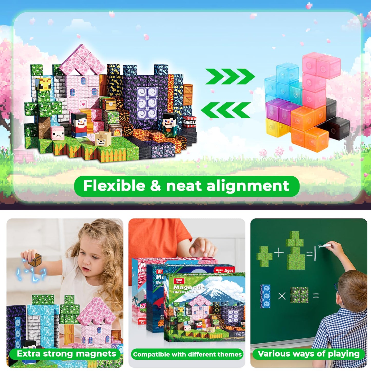GraceDuck Magnetic Blocks 200 PCS Build Volcano Portal Sakura Forest Castle, Magnetic Building Blocks Stacking Cubes Fun Sensory Toys for Kids Birthday Gifts for 3 4 5 6 7 8 9 10 Year Old Boys Girls