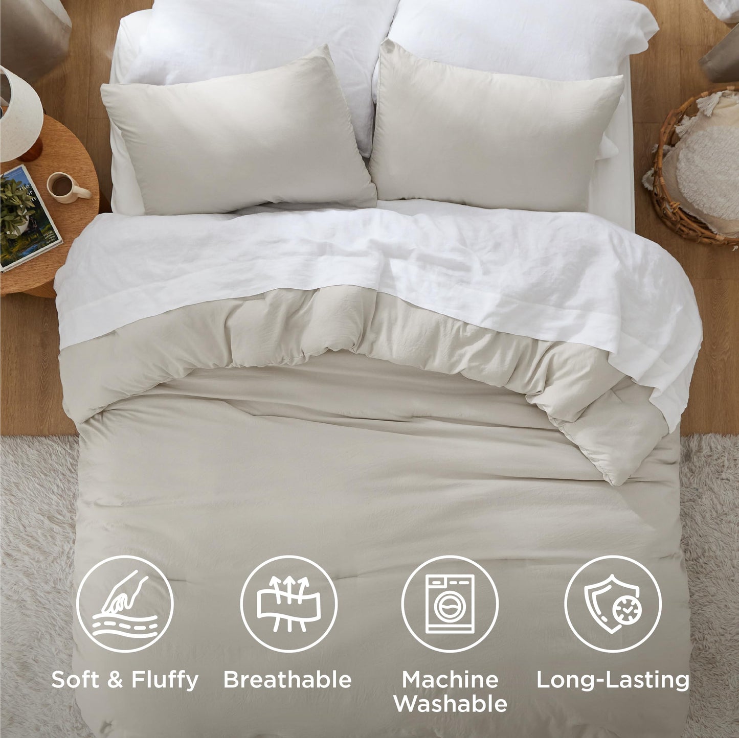 Bedsure Queen Size Comforter Set, Beige Soft Prewashed Bedding for All Seasons, 3 Pieces Warm Down Alternative Bed Set, 1 Lightweight Comforter (90"x90") and 2 Pillowcases (20"x26")