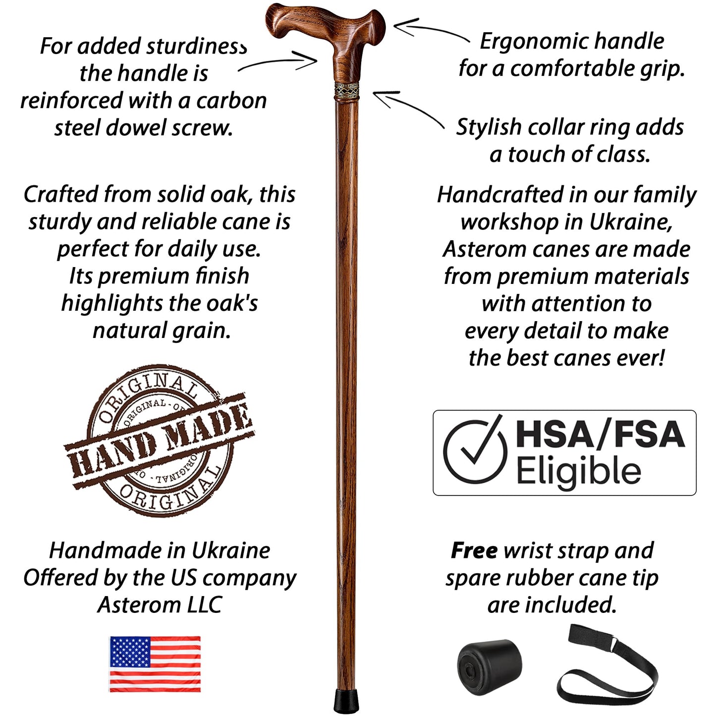 Asterom Walking Cane - Handcrafted, Ergonomic, Wooden - Canes for Men & Women, Cool Walking Sticks for Seniors (Caramel, 36 Inches)