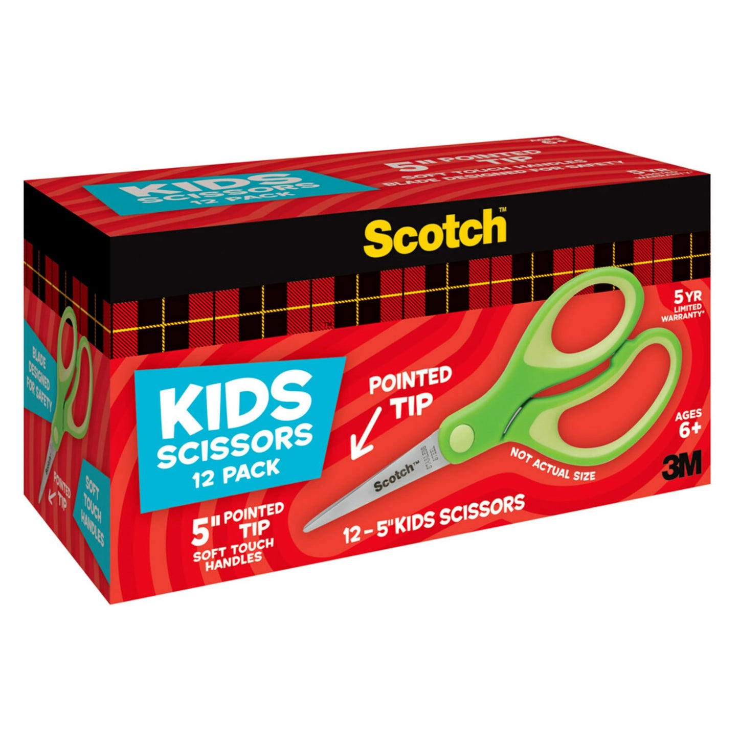 Scotch 5-Inch Soft Touch Pointed Kid Scissors, 12 Count Teacher Pack, Green (1442P-12)