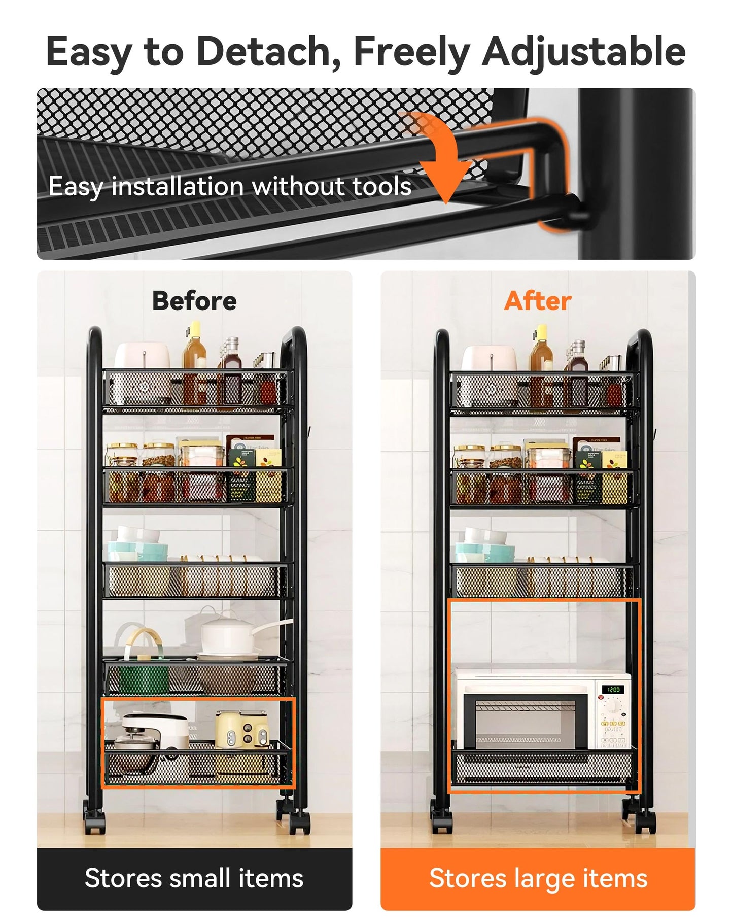 5-Tier Rolling Kitchen Trolley with Wheels - Sturdy Metal Storage Cart for Kitchen, Bathroom, Home Office, Space-Saving Organiser, Slim Mobile Rack for Fruits, Vegetables, Spices (Black, 44x27x105cm)