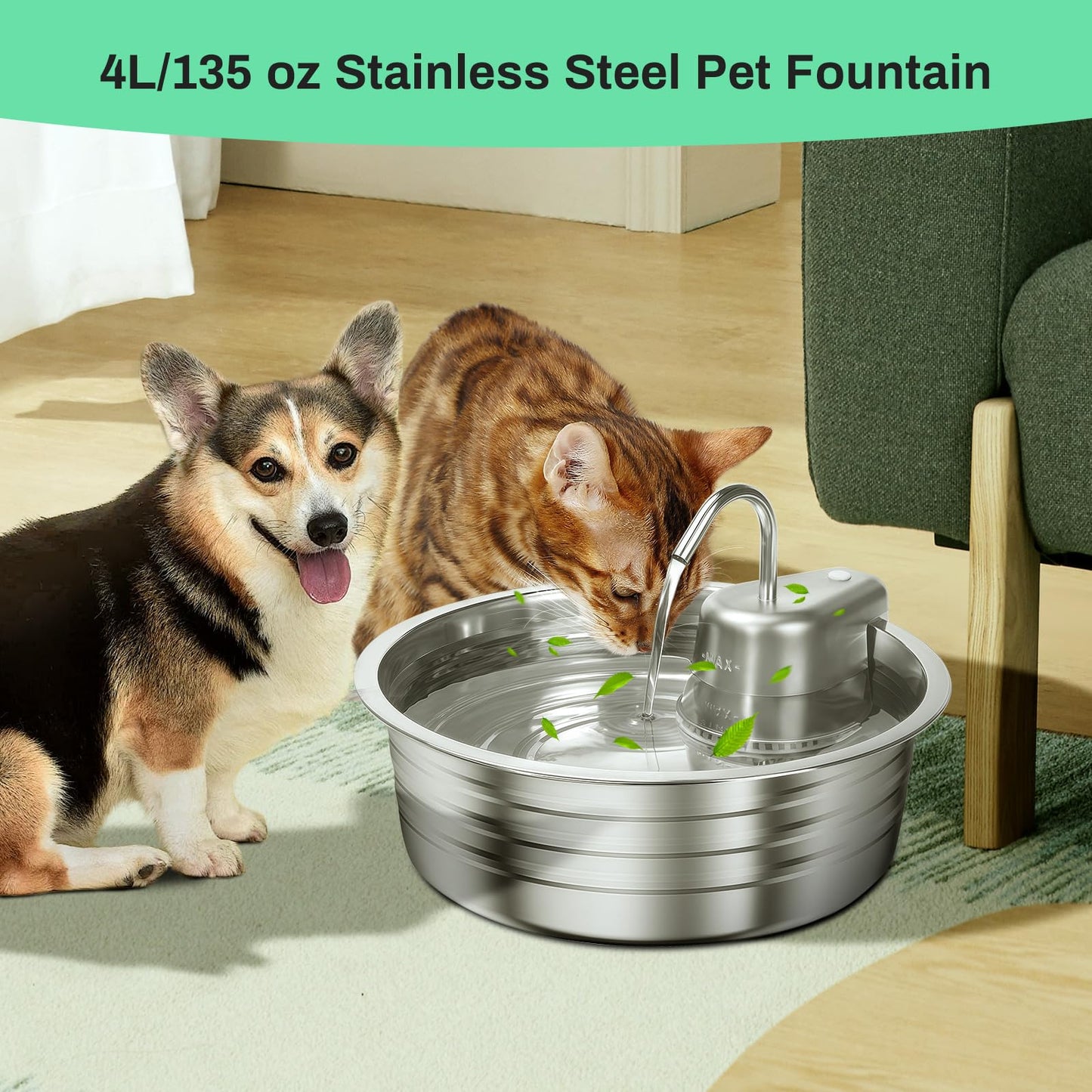 Dog Water Fountain, 4L/135OZ Stainless Steel Pet Fountain Dog Water Dispenser Bowl Cat Drinking Fountains Watering Supplies with Ultra-Quiet Pump for Cats, Dogs, Multiple Pets Indoor