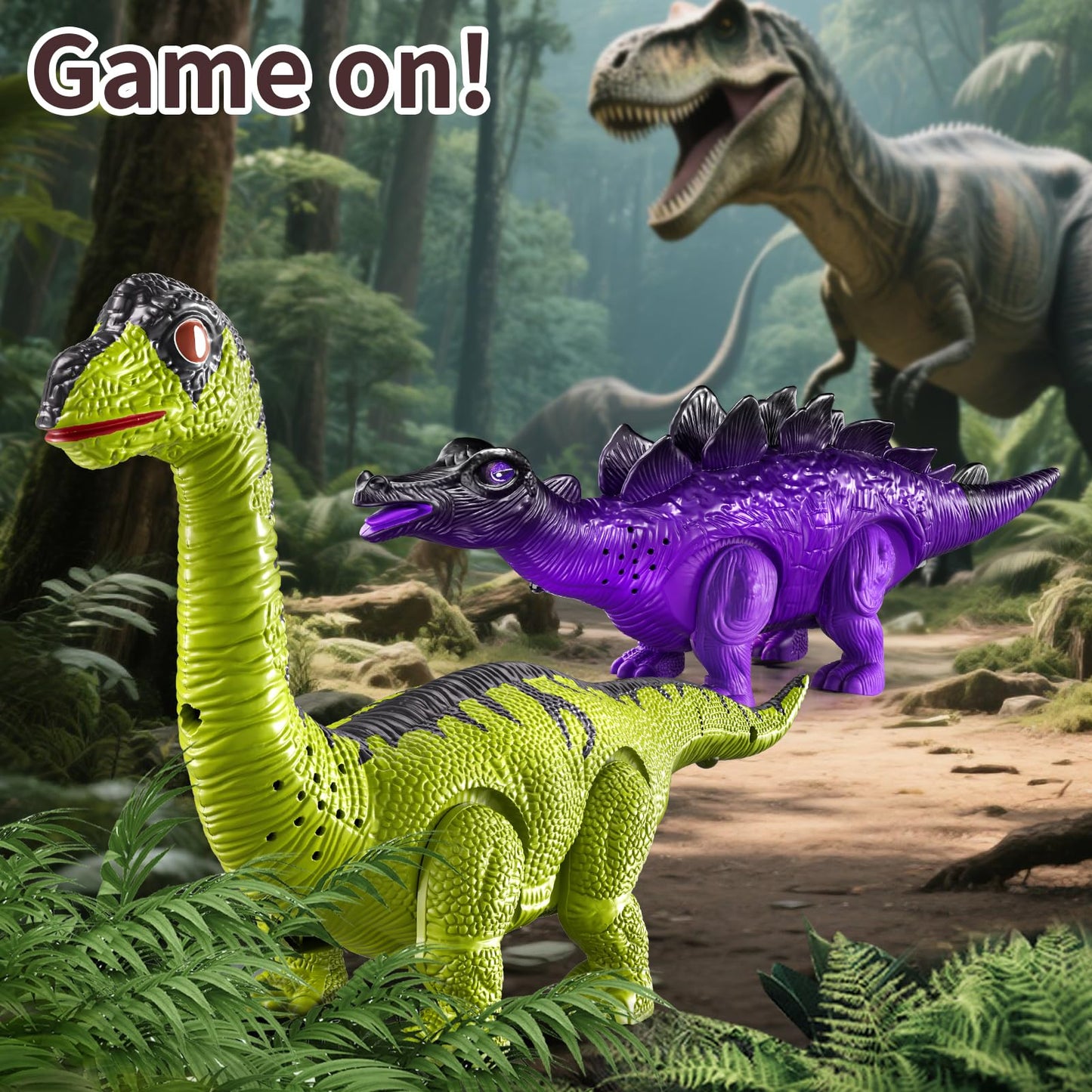 BLmukce 3-Pack Electronic Walking Dinosaur Toys for Toddlers 2-4, Moving Dinosaurs Toys with Lights, Roaring Sounds, T-Rex, Brachiosaurus & Stegosaurus, Xmas Birthday Gift for 2 3 4 5 6 Years Old Boys