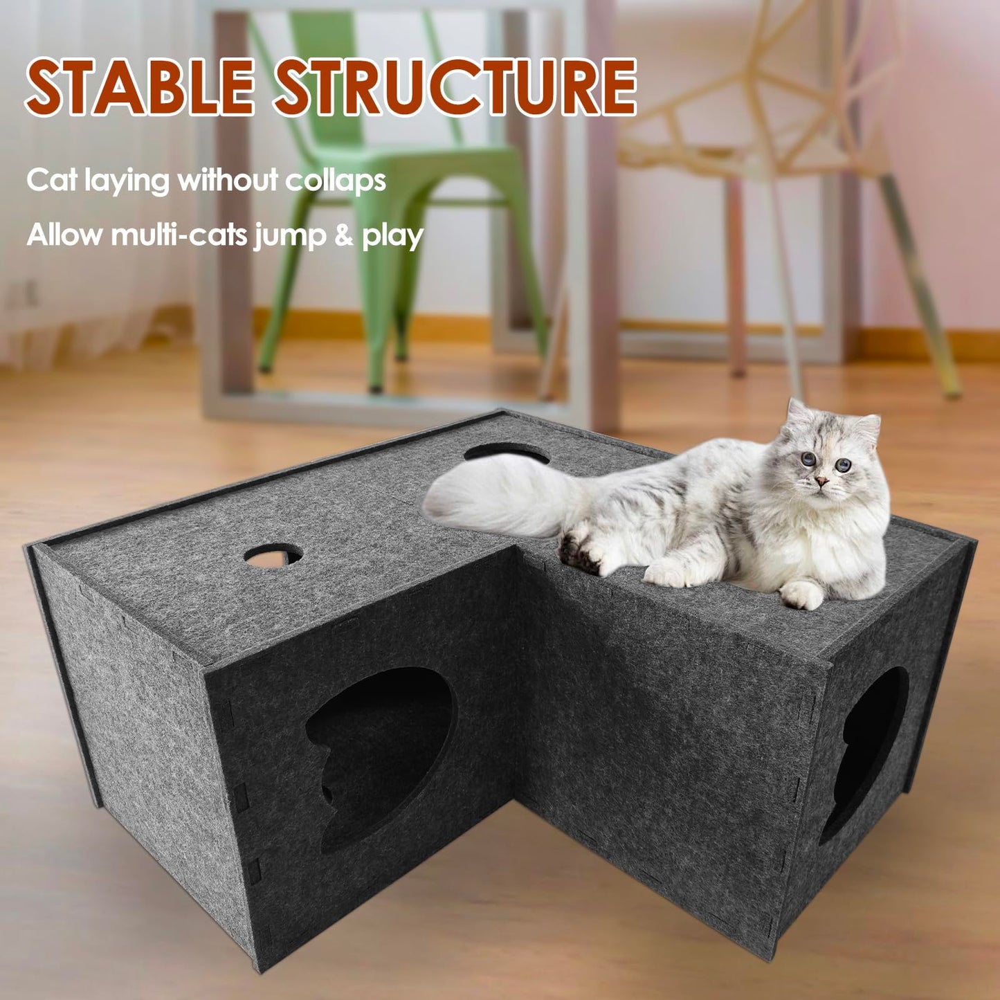 Cat Tunnel for Indoor Cats,DIY Transformable Cat Hideaway Cave,Kitten Play Tubes and Tunnels,Felt Peekaboo Cat Toy with Interactive Peek Holes (Grey, L-Shape Tunnel)