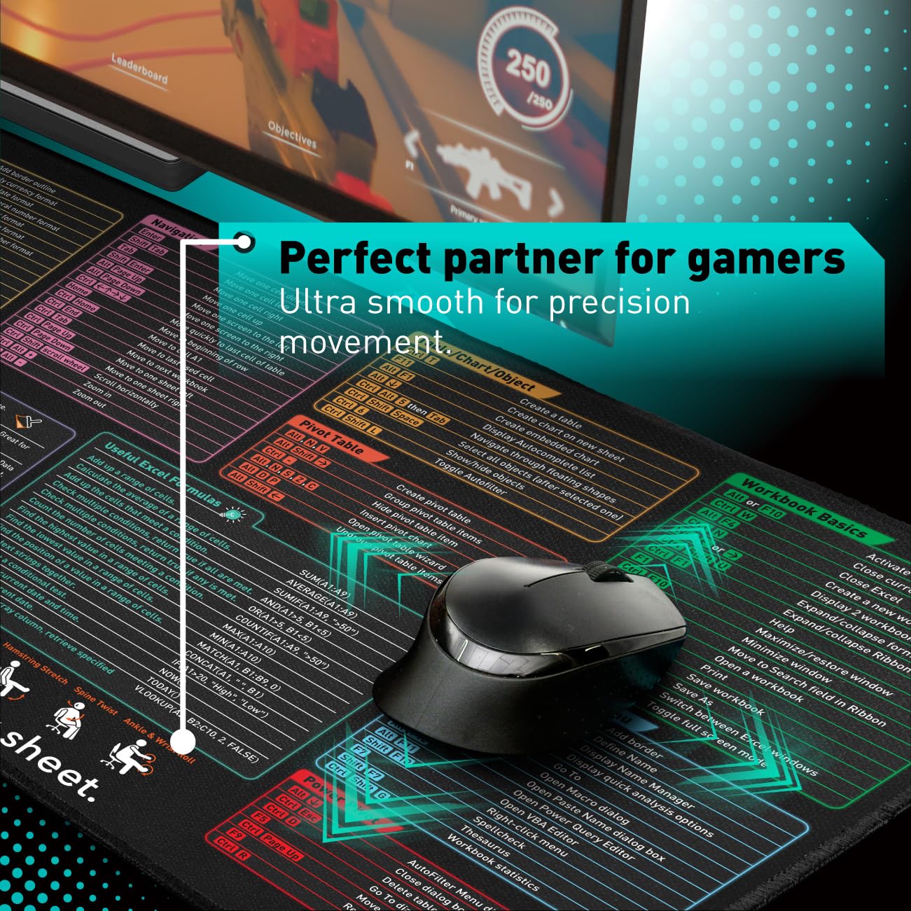 Excel Shortcut Keys Mouse Pad - Extended Large XXL Cheat Sheet Gaming Mousepad | PC Office Spreadsheet Keyboard Mat | Non-Slip Stitched Edge