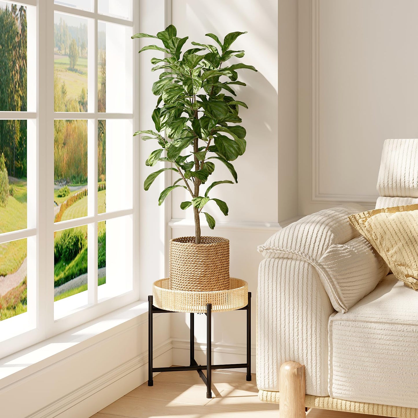 Bamworld Round Plant Stand Rattan Plant Shelf Plant Table Handwoven Rope End Table Coffee Table for for Small Spaces Elegant Flower Holder for Patio Balcony