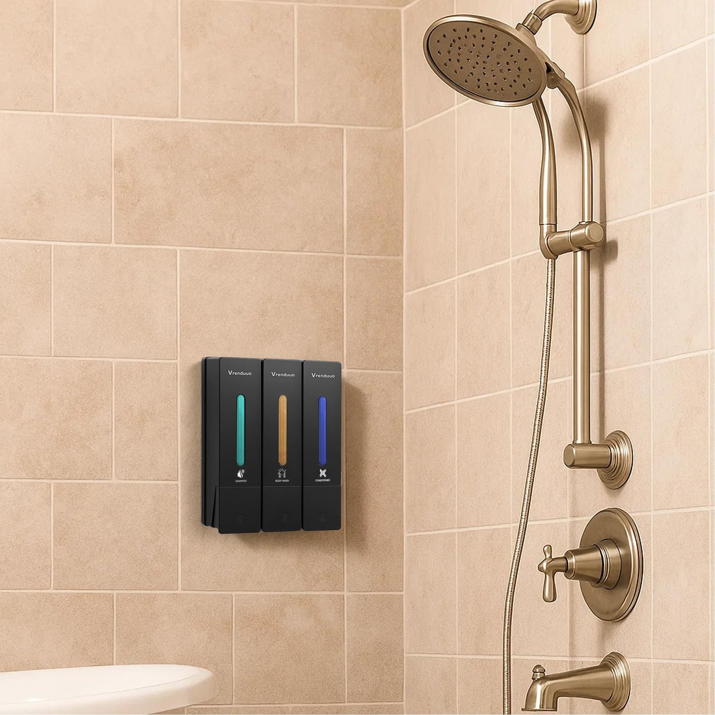 Shampoo and Conditioner Dispenser,Shower Dispenser 3 Chamber No Drill,Shower Soap Dispenser Wall Mounted for Bathroom Hotel with Upgrade Pump Head,3 * 400ml (Black 3 Chamber)