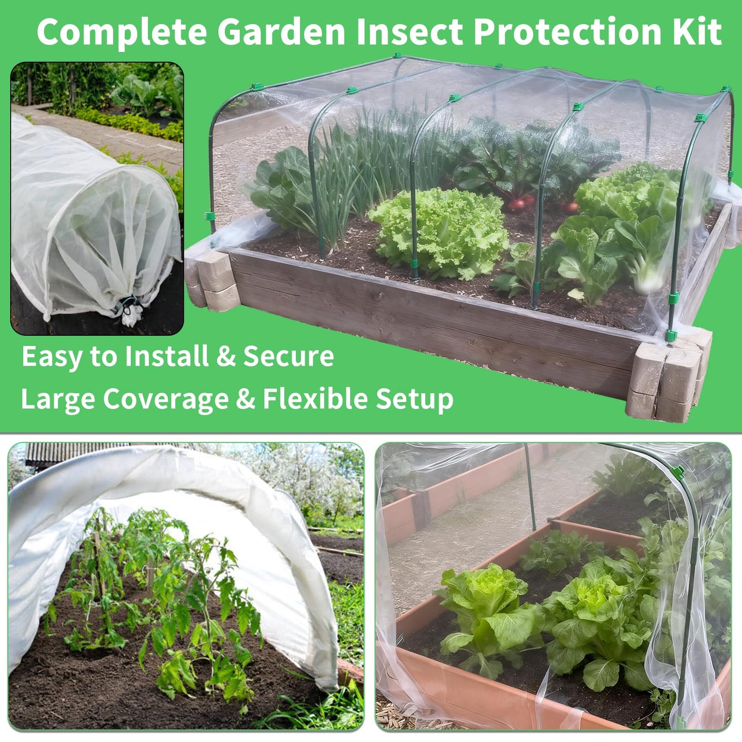 Garden Insect Mesh Netting Kit with Hoops – 10 x 50FT Insect Netting, 6 Sets Garden Hoops, 16 Clips & 10 Pegs Stakes with Washers for Vegetables, Plants & Raised Beds